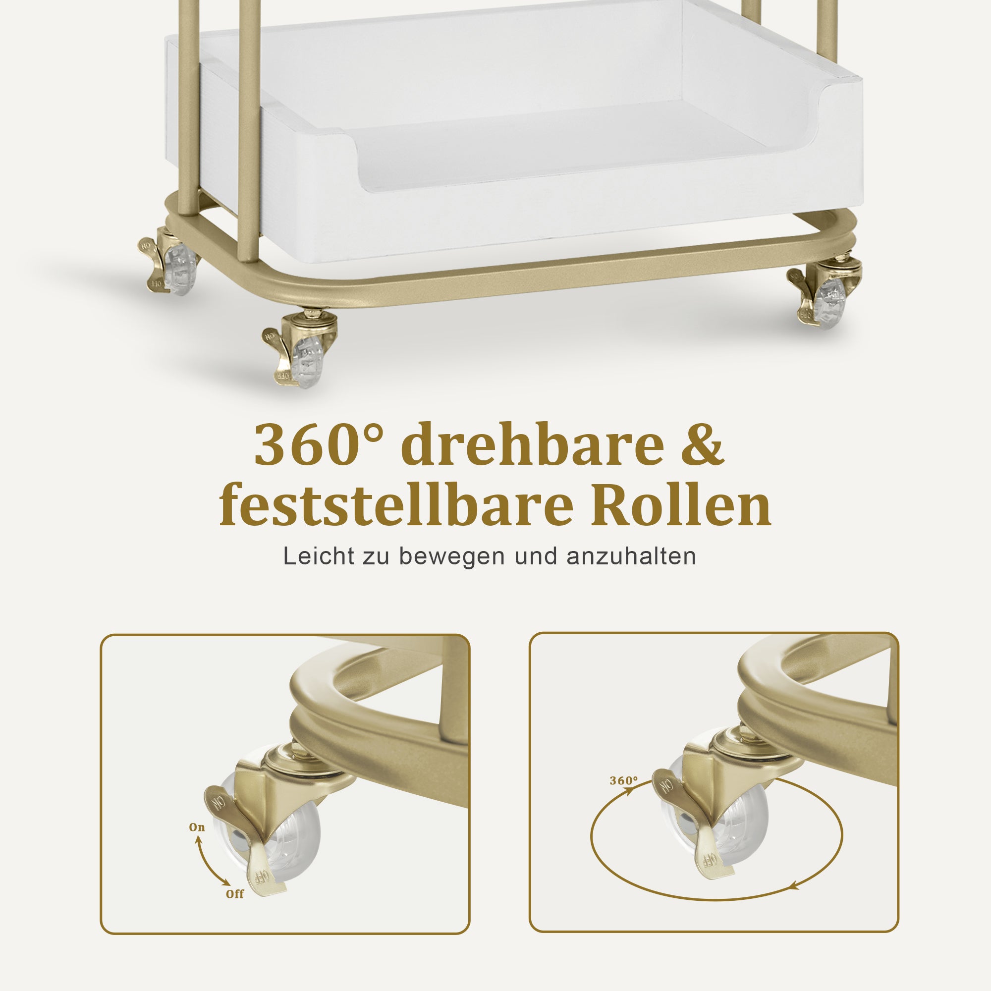 MCombo Carrello di servizio con ruote e cassetto, carrello su ruote, carrello da parrucchiere, bianco-oro, carrello da salone con 3 ripiani, carrello da lavoro moderno per bagno e soggiorno, 37x51x87 cm, 0093