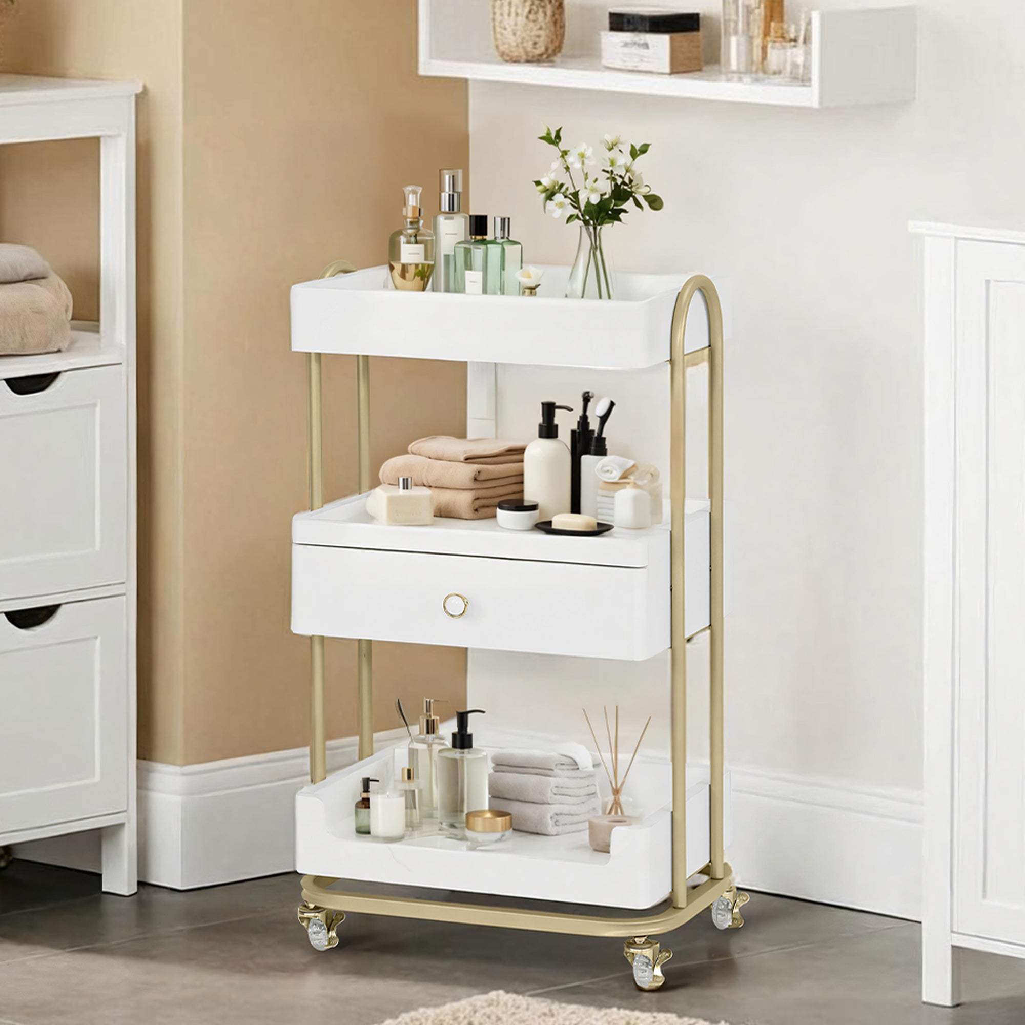 MCombo Carrello di servizio con ruote e cassetto, carrello su ruote, carrello da parrucchiere, bianco-oro, carrello da salone con 3 ripiani, carrello da lavoro moderno per bagno e soggiorno, 37x51x87 cm, 0093