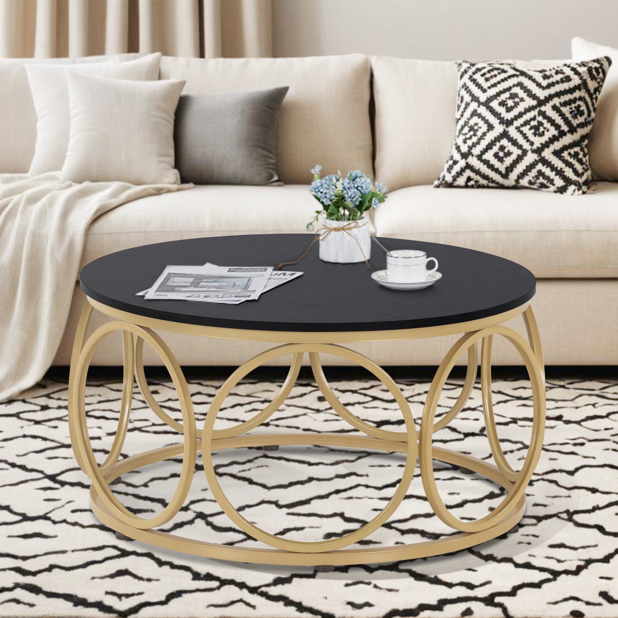 MCombo Tavolino rotondo in legno, moderno tavolino da salotto bianco effetto marmo e oro, tavolino basso con struttura in metallo, tavolino d'appoggio per soggiorno, diametro 80 cm, 2102