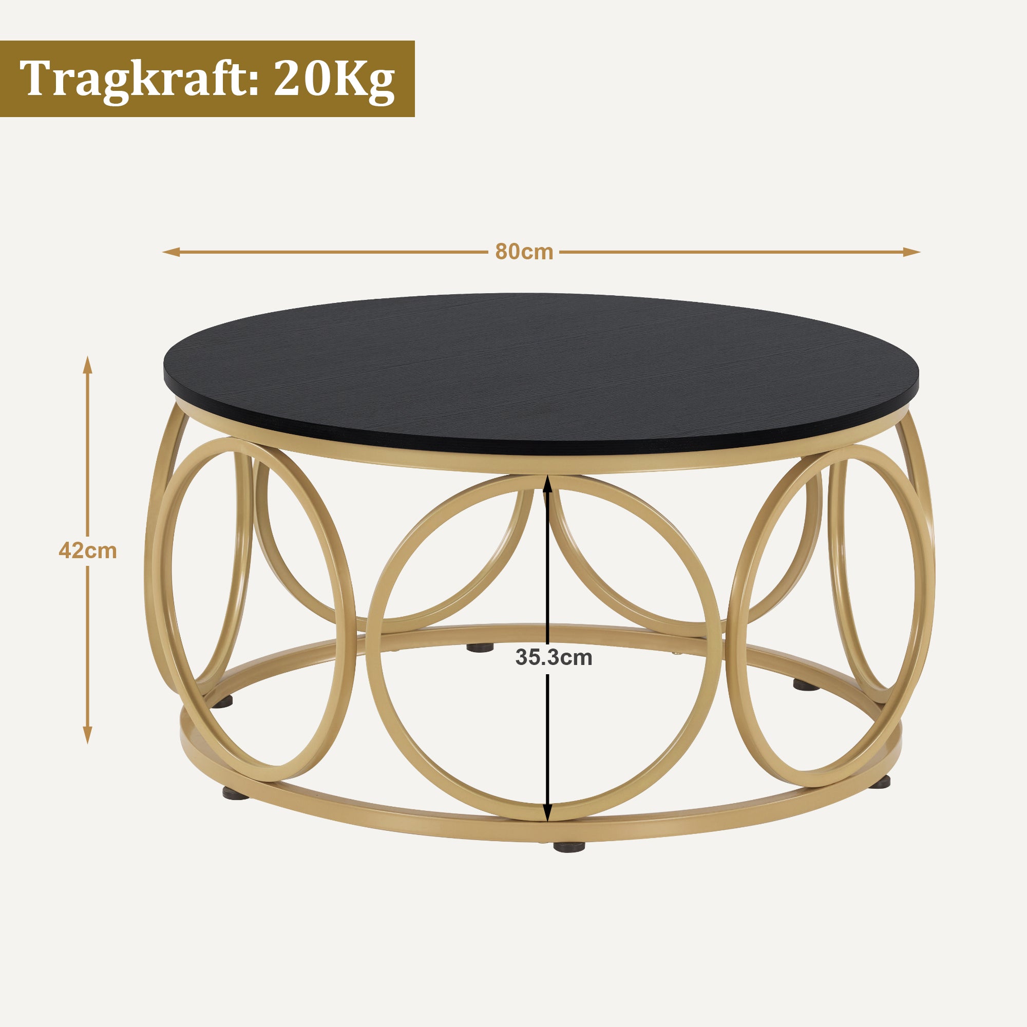 MCombo Tavolino rotondo in legno, moderno tavolino da salotto bianco effetto marmo e oro, tavolino basso con struttura in metallo, tavolino d'appoggio per soggiorno, diametro 80 cm, 2102
