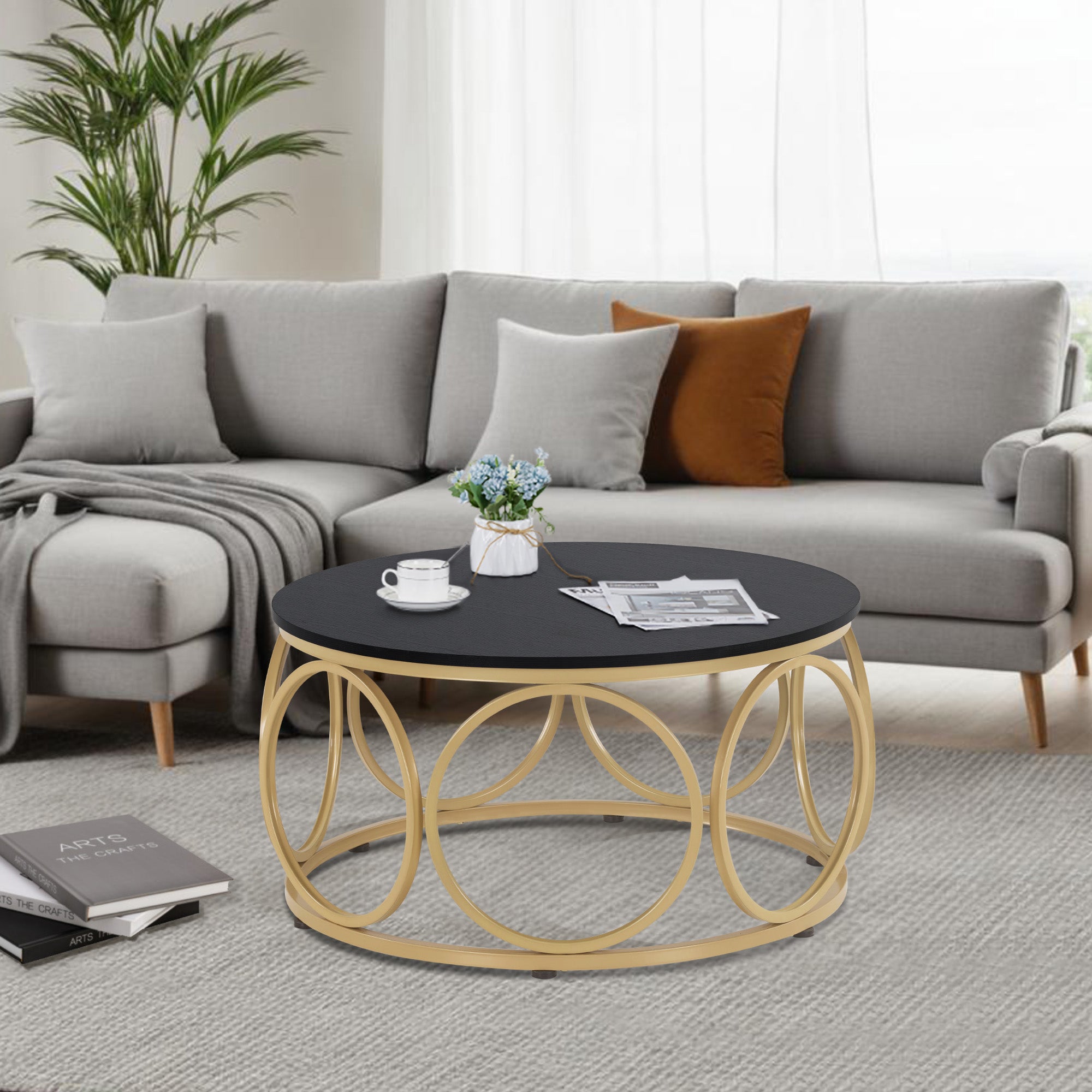 MCombo Tavolino rotondo in legno, moderno tavolino da salotto bianco effetto marmo e oro, tavolino basso con struttura in metallo, tavolino d'appoggio per soggiorno, diametro 80 cm, 2102