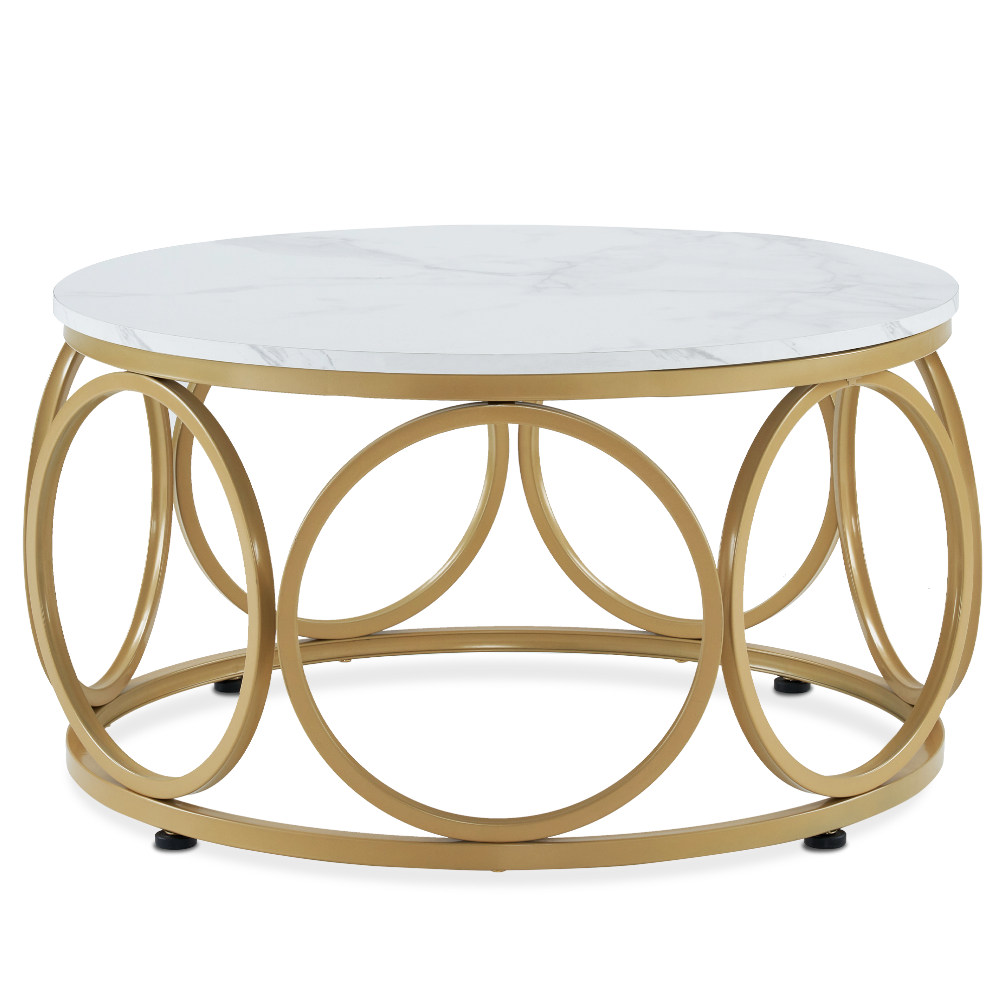 MCombo Tavolino rotondo in legno, moderno tavolino da salotto bianco effetto marmo e oro, tavolino basso con struttura in metallo, tavolino d'appoggio per soggiorno, diametro 80 cm, 2102