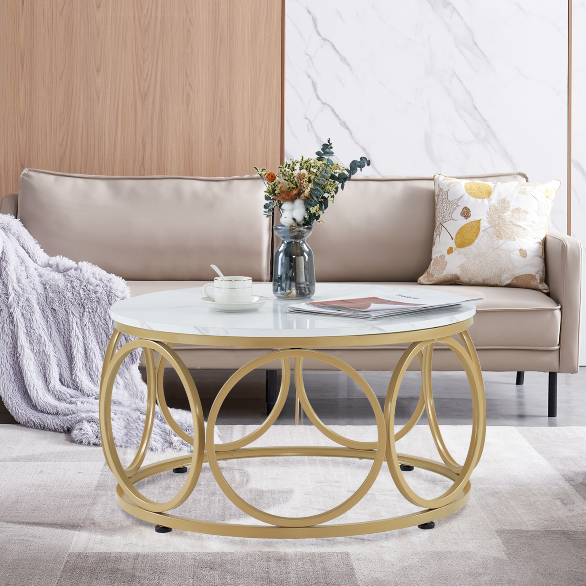 MCombo Tavolino rotondo in legno, moderno tavolino da salotto bianco effetto marmo e oro, tavolino basso con struttura in metallo, tavolino d'appoggio per soggiorno, diametro 80 cm, 2102