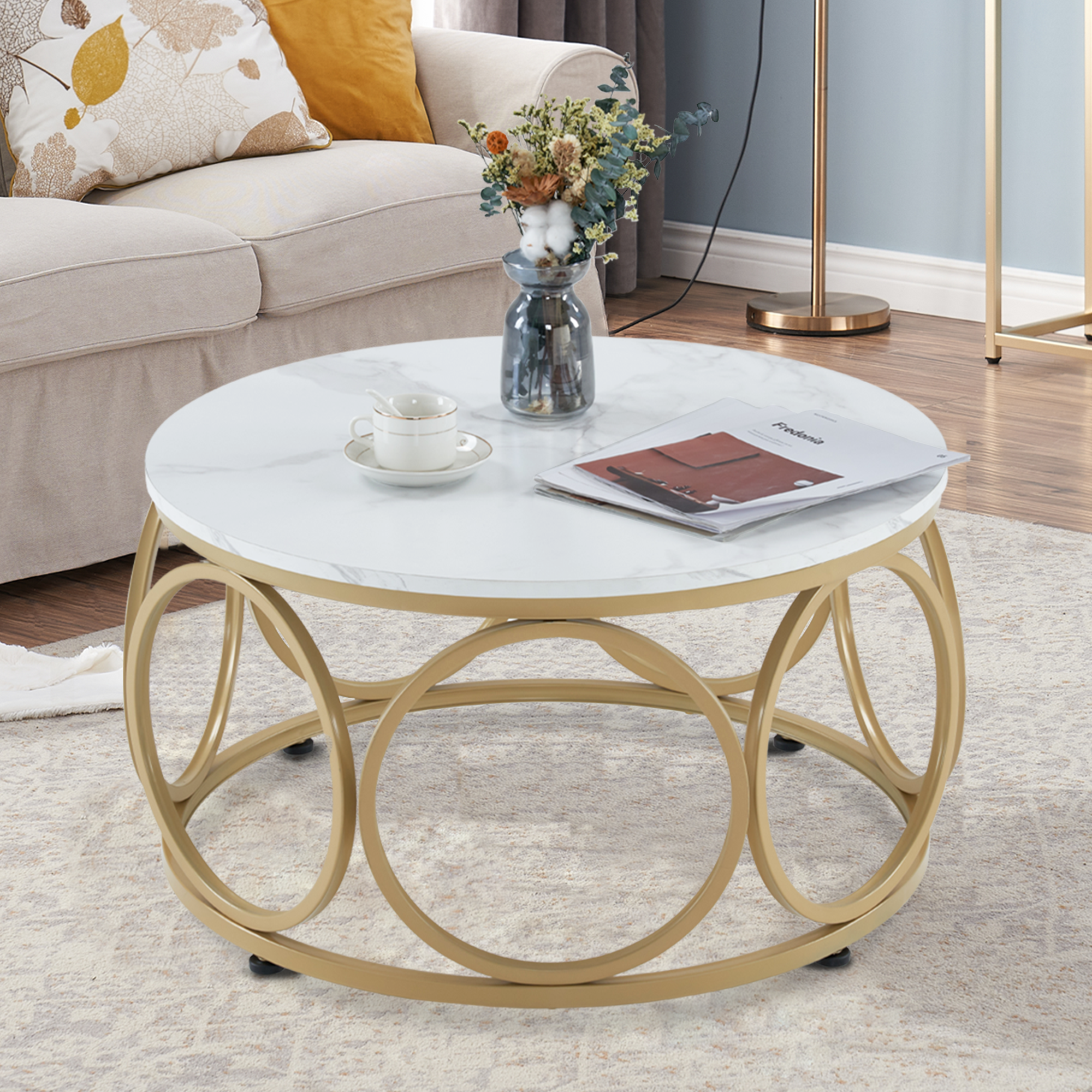 MCombo Tavolino rotondo in legno, moderno tavolino da salotto bianco effetto marmo e oro, tavolino basso con struttura in metallo, tavolino d'appoggio per soggiorno, diametro 80 cm, 2102