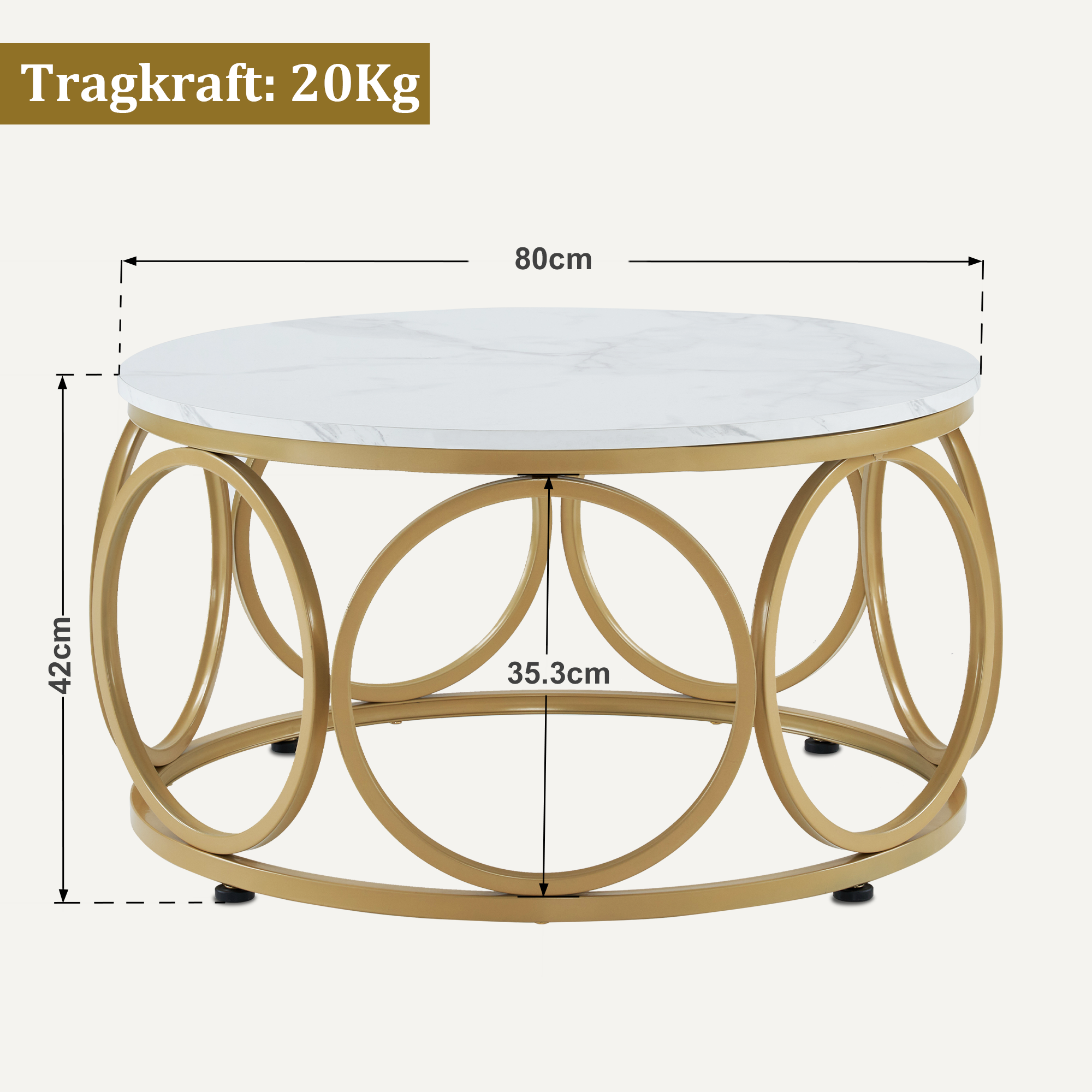 MCombo Tavolino rotondo in legno, moderno tavolino da salotto bianco effetto marmo e oro, tavolino basso con struttura in metallo, tavolino d'appoggio per soggiorno, diametro 80 cm, 2102