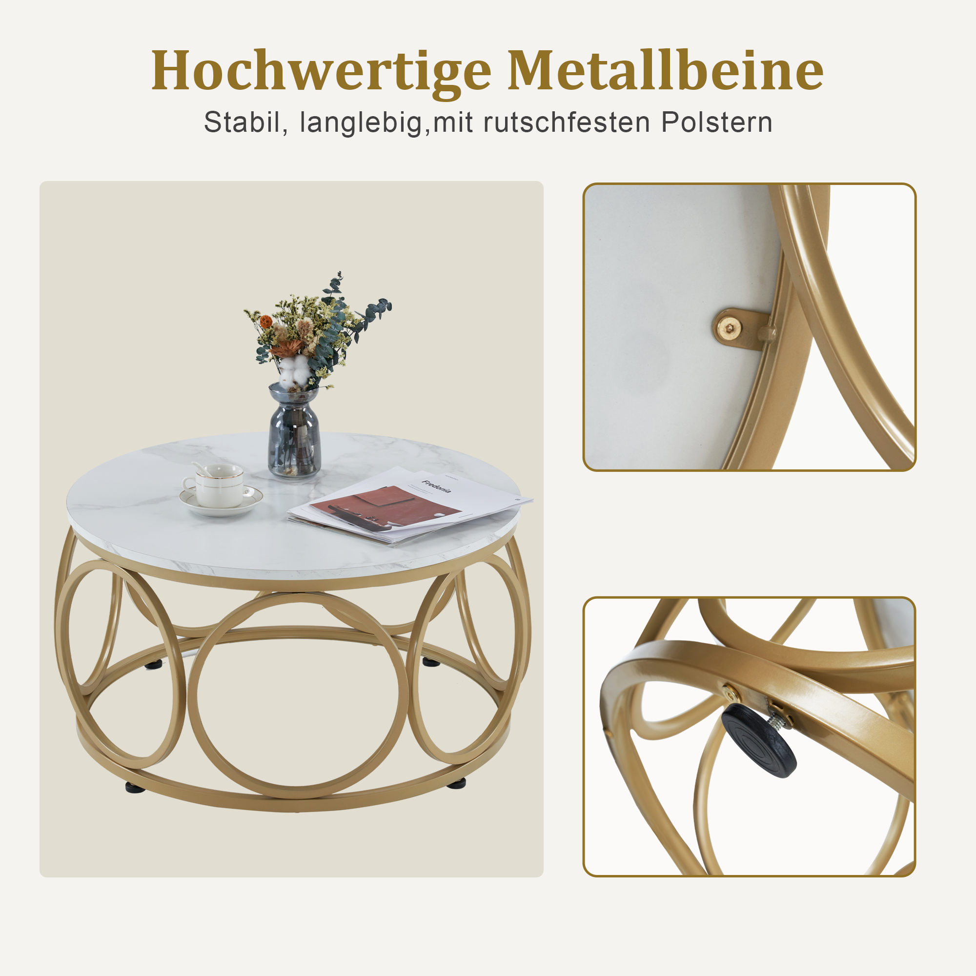 MCombo Tavolino rotondo in legno, moderno tavolino da salotto bianco effetto marmo e oro, tavolino basso con struttura in metallo, tavolino d'appoggio per soggiorno, diametro 80 cm, 2102