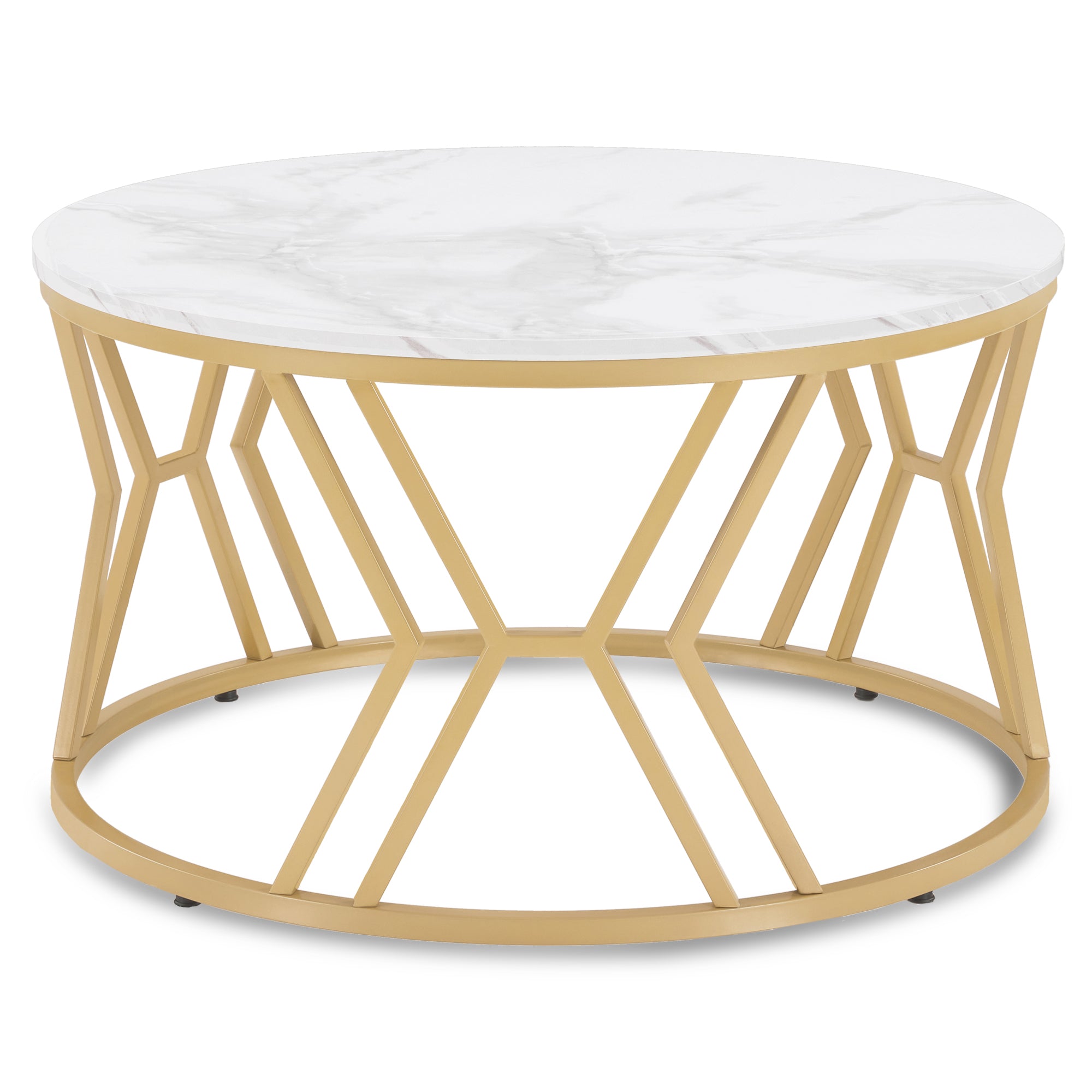 M MCombo Couchtisch Rond Hout, Moderne Salontafel, Kleine Bijzettafel Metaal, Koffietafel voor Woonkamer, Schoonheidssalon, Woonzimmertafel Marmer-Wit Goud, 80x80x46cm, 2115