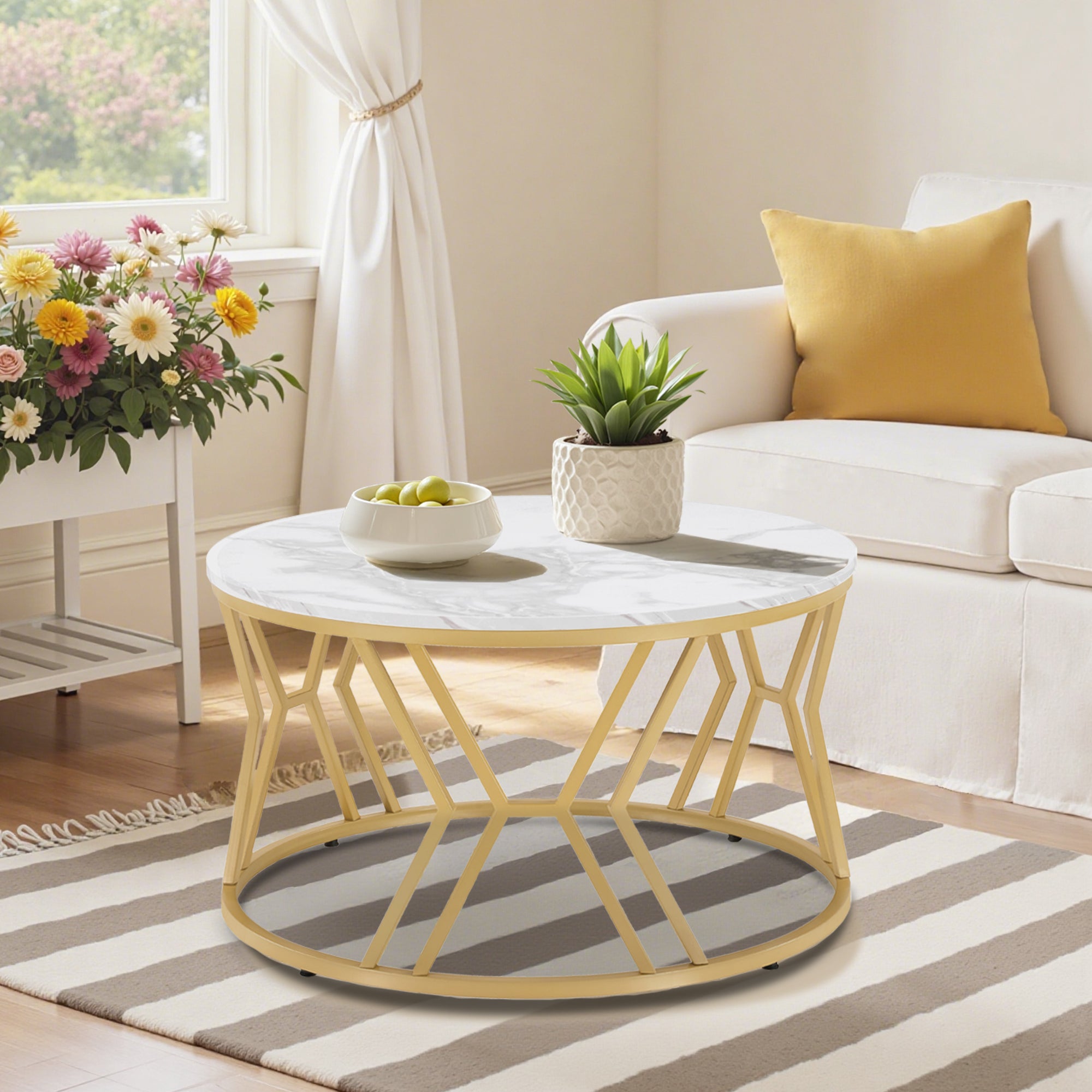 M MCombo Couchtisch Rond Hout, Moderne Salontafel, Kleine Bijzettafel Metaal, Koffietafel voor Woonkamer, Schoonheidssalon, Woonzimmertafel Marmer-Wit Goud, 80x80x46cm, 2115