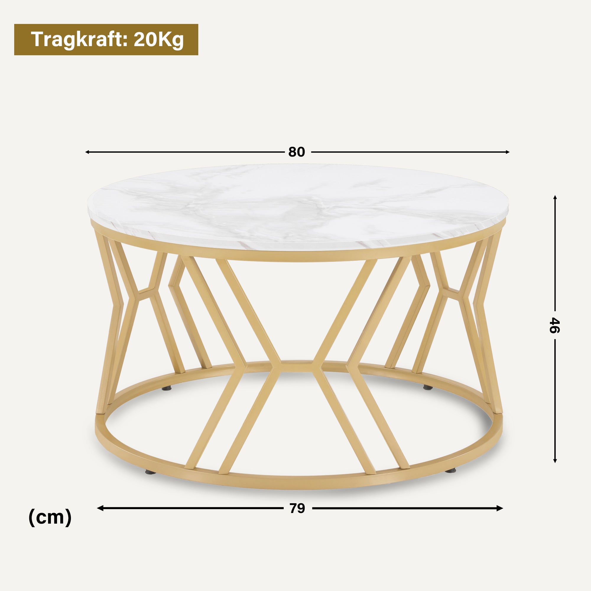 M MCombo Couchtisch Rond Hout, Moderne Salontafel, Kleine Bijzettafel Metaal, Koffietafel voor Woonkamer, Schoonheidssalon, Woonzimmertafel Marmer-Wit Goud, 80x80x46cm, 2115