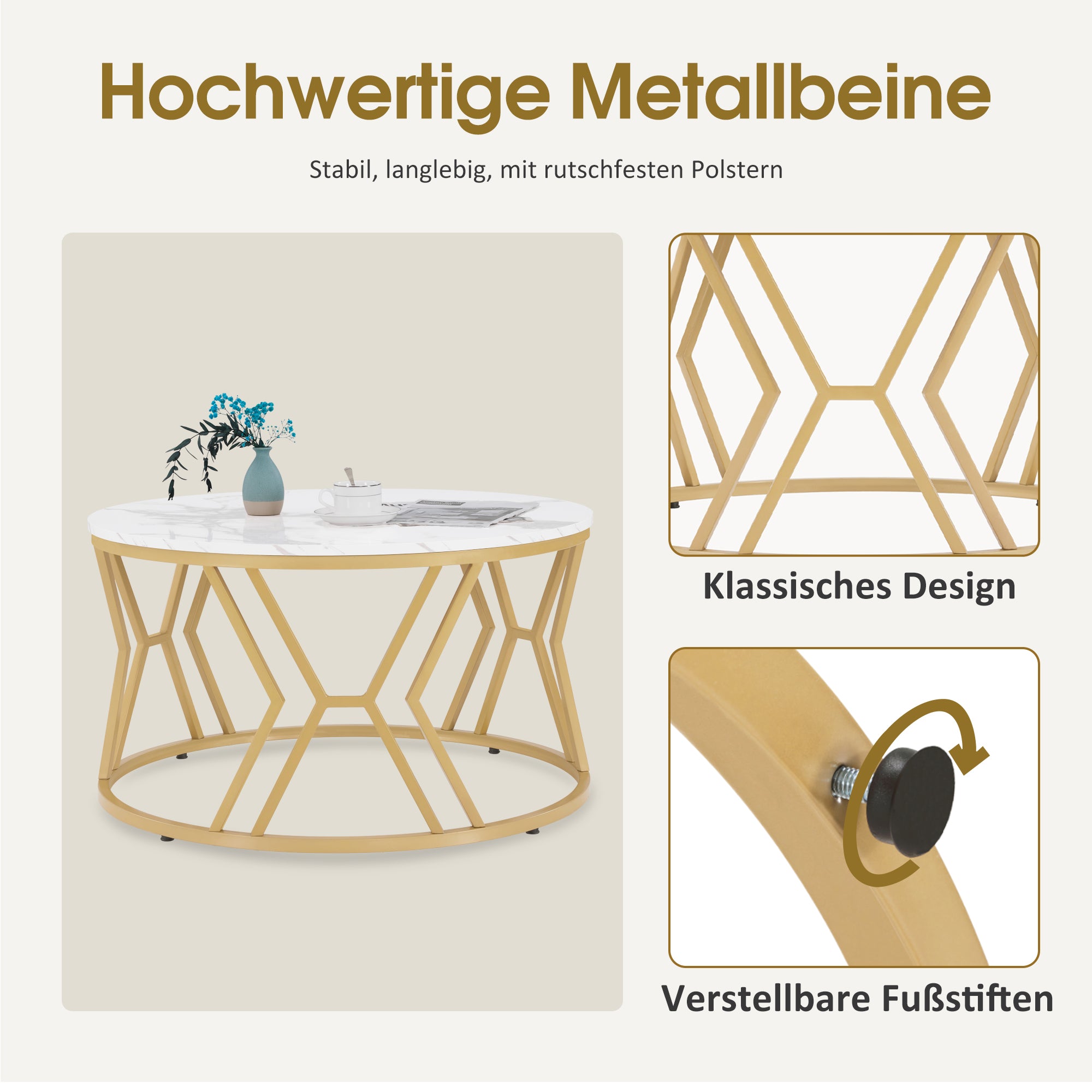 M MCombo Couchtisch Rond Hout, Moderne Salontafel, Kleine Bijzettafel Metaal, Koffietafel voor Woonkamer, Schoonheidssalon, Woonzimmertafel Marmer-Wit Goud, 80x80x46cm, 2115