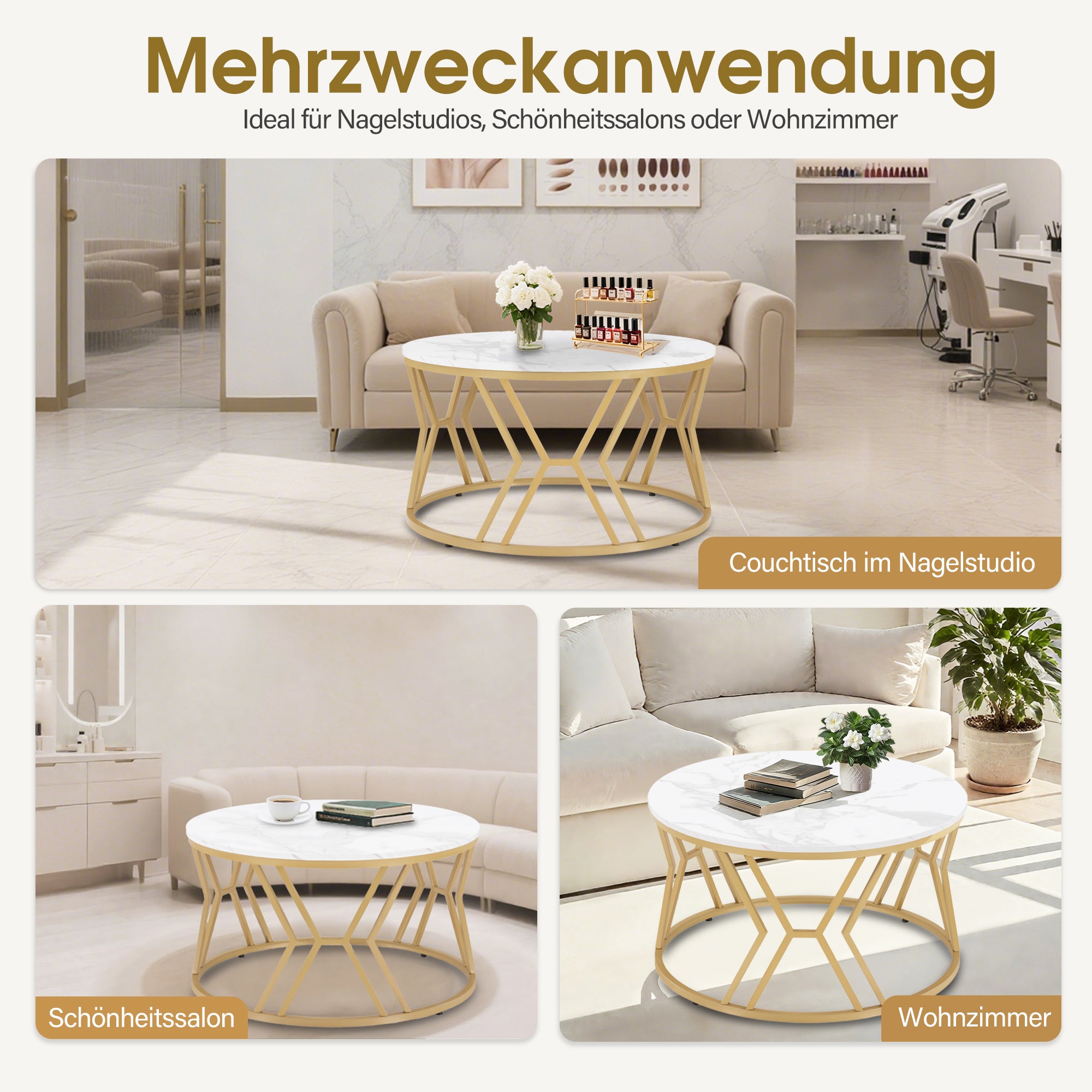 M MCombo Couchtisch Rond Hout, Moderne Salontafel, Kleine Bijzettafel Metaal, Koffietafel voor Woonkamer, Schoonheidssalon, Woonzimmertafel Marmer-Wit Goud, 80x80x46cm, 2115