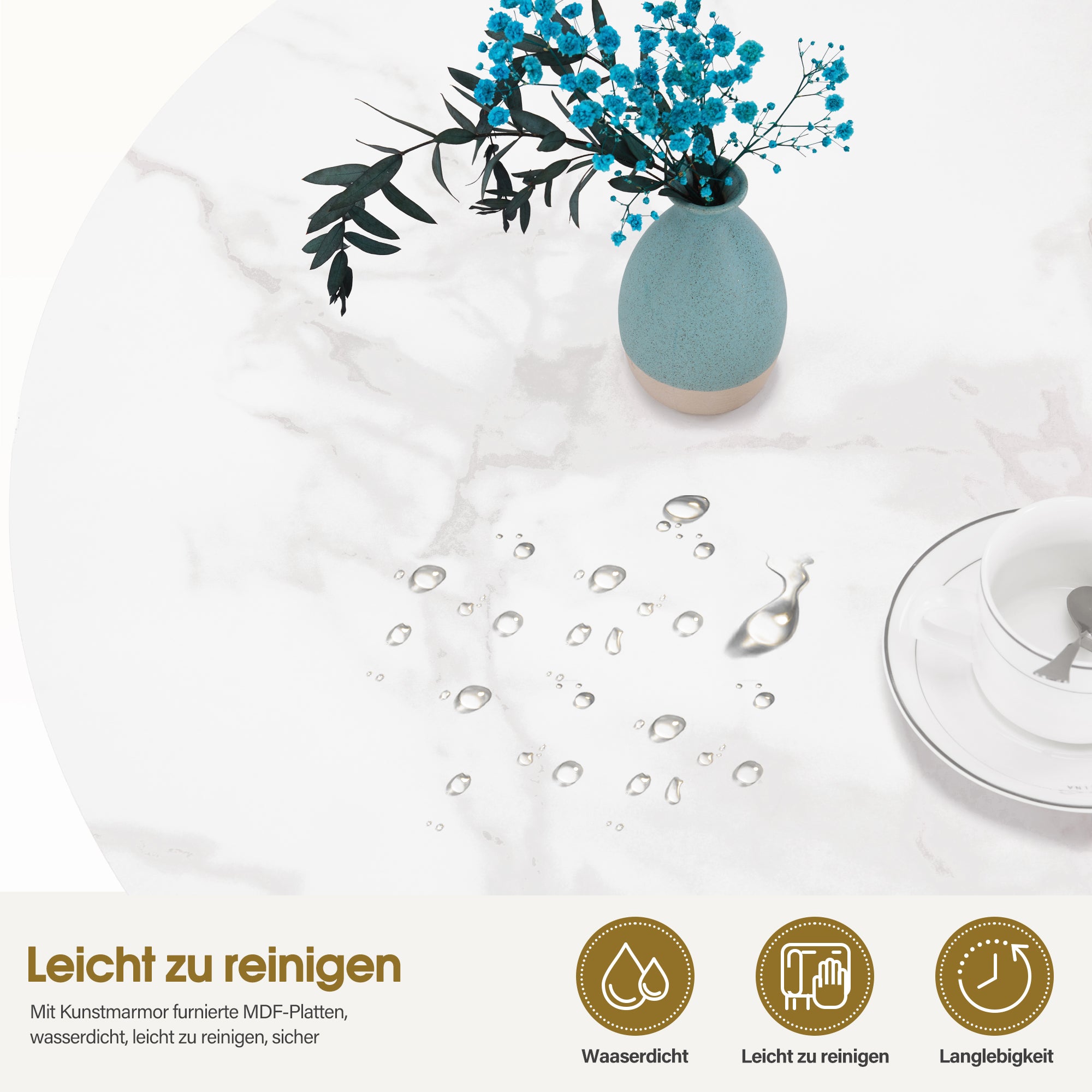 M MCombo Couchtisch Rond Hout, Moderne Salontafel, Kleine Bijzettafel Metaal, Koffietafel voor Woonkamer, Schoonheidssalon, Woonzimmertafel Marmer-Wit Goud, 80x80x46cm, 2115