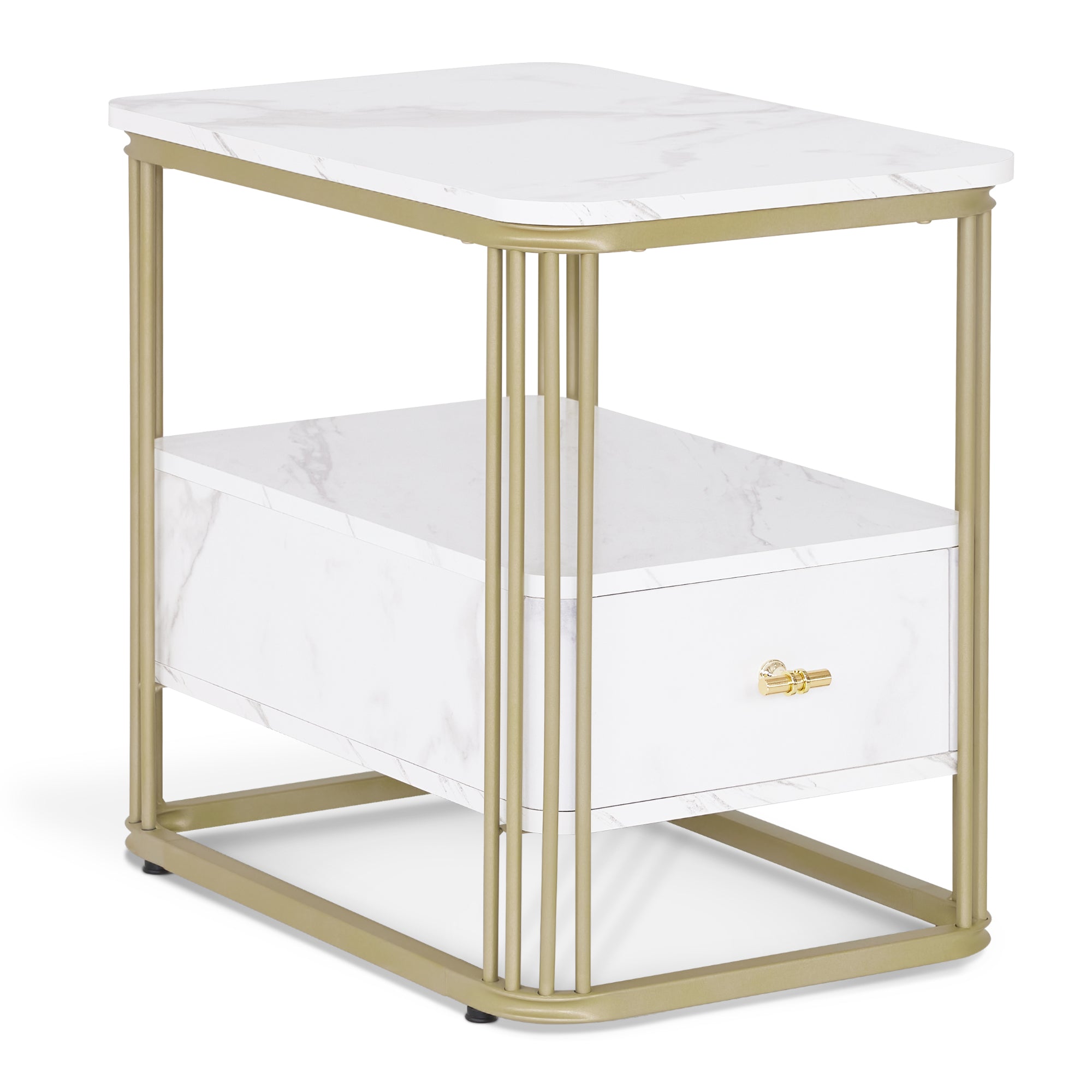 M MCombo Bijzettafel met Lade, Moderne Salontafel Marmer Wit Goud, Kleine Koffietafel Metalen Onderstel, Nachtkastje met 2 Planken, Salontafel voor Woonkamer, 60x40x55, 2138
