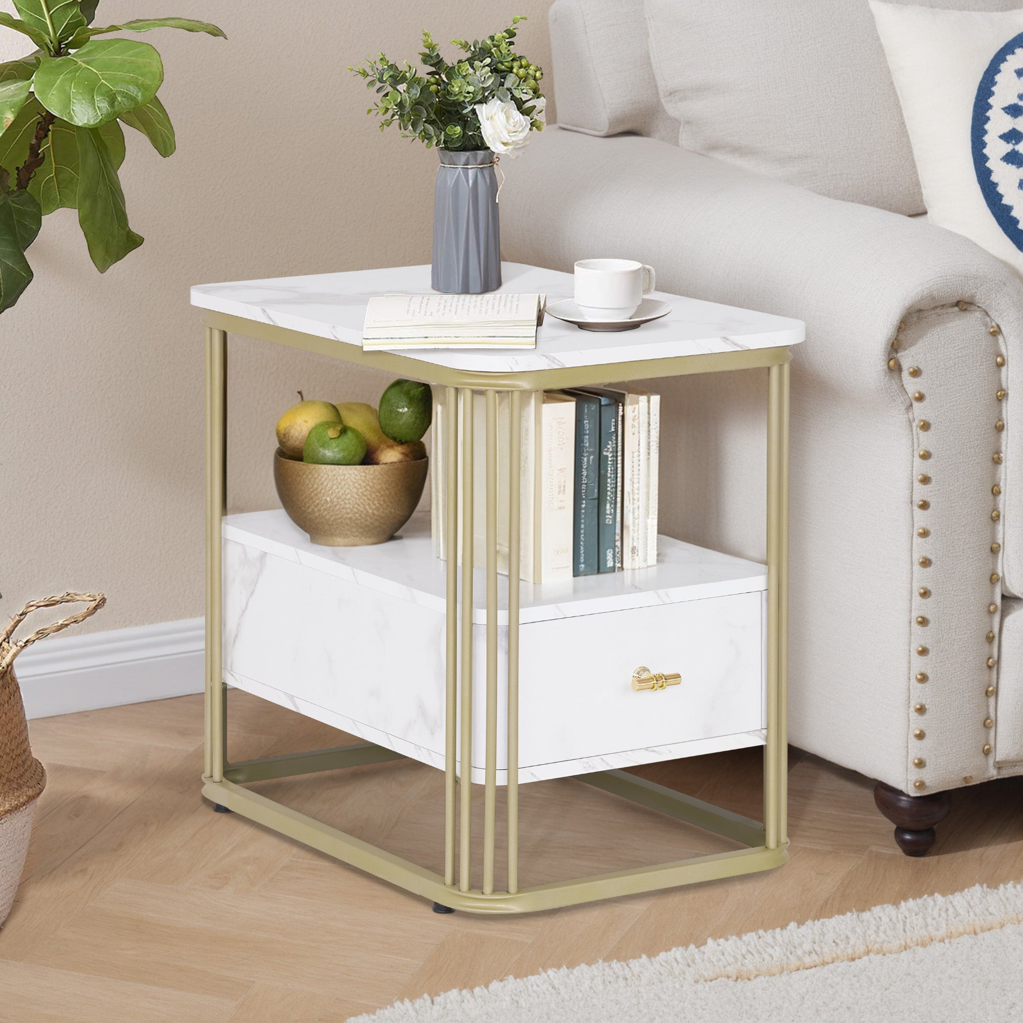 M MCombo Bijzettafel met Lade, Moderne Salontafel Marmer Wit Goud, Kleine Koffietafel Metalen Onderstel, Nachtkastje met 2 Planken, Salontafel voor Woonkamer, 60x40x55, 2138