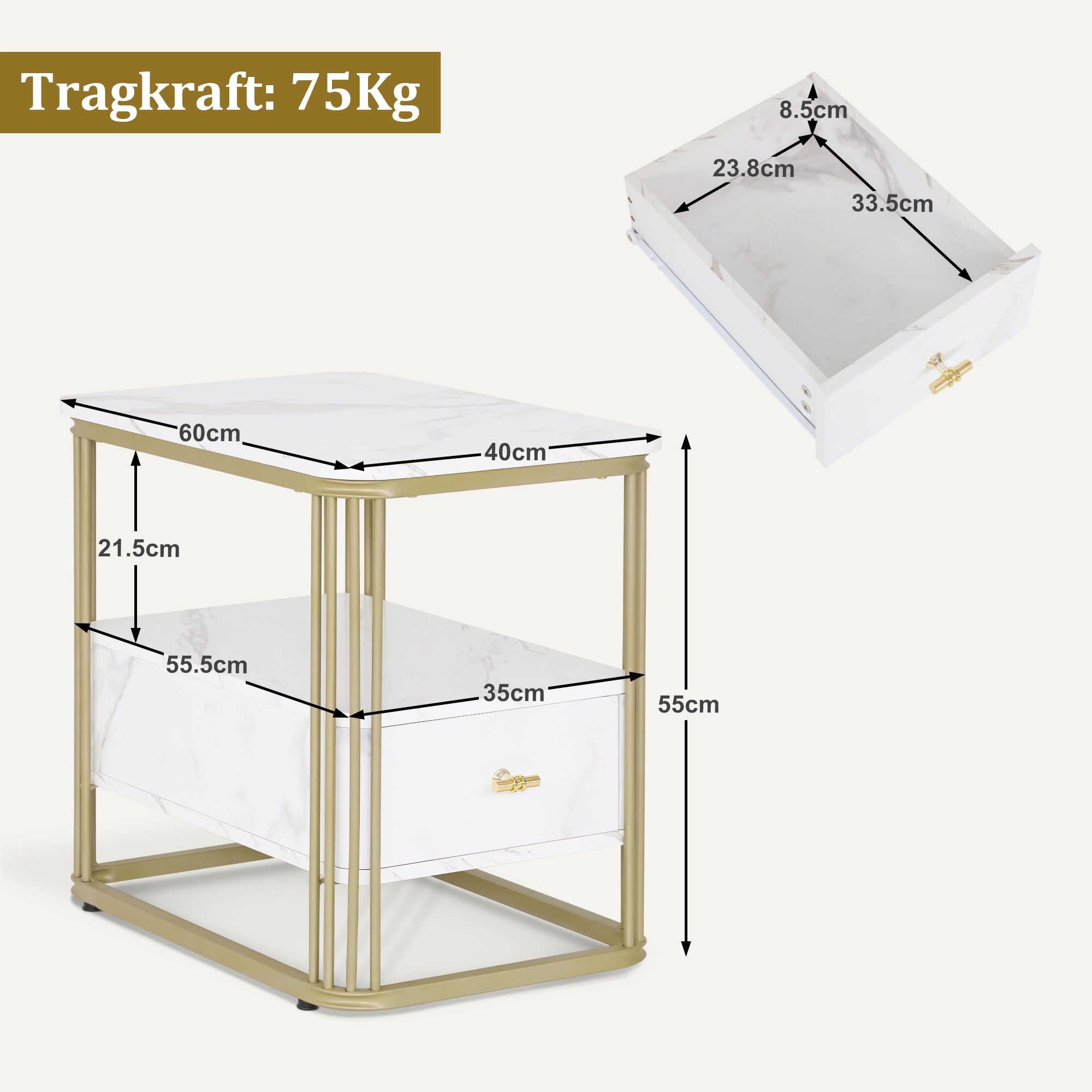 M MCombo Bijzettafel met Lade, Moderne Salontafel Marmer Wit Goud, Kleine Koffietafel Metalen Onderstel, Nachtkastje met 2 Planken, Salontafel voor Woonkamer, 60x40x55, 2138