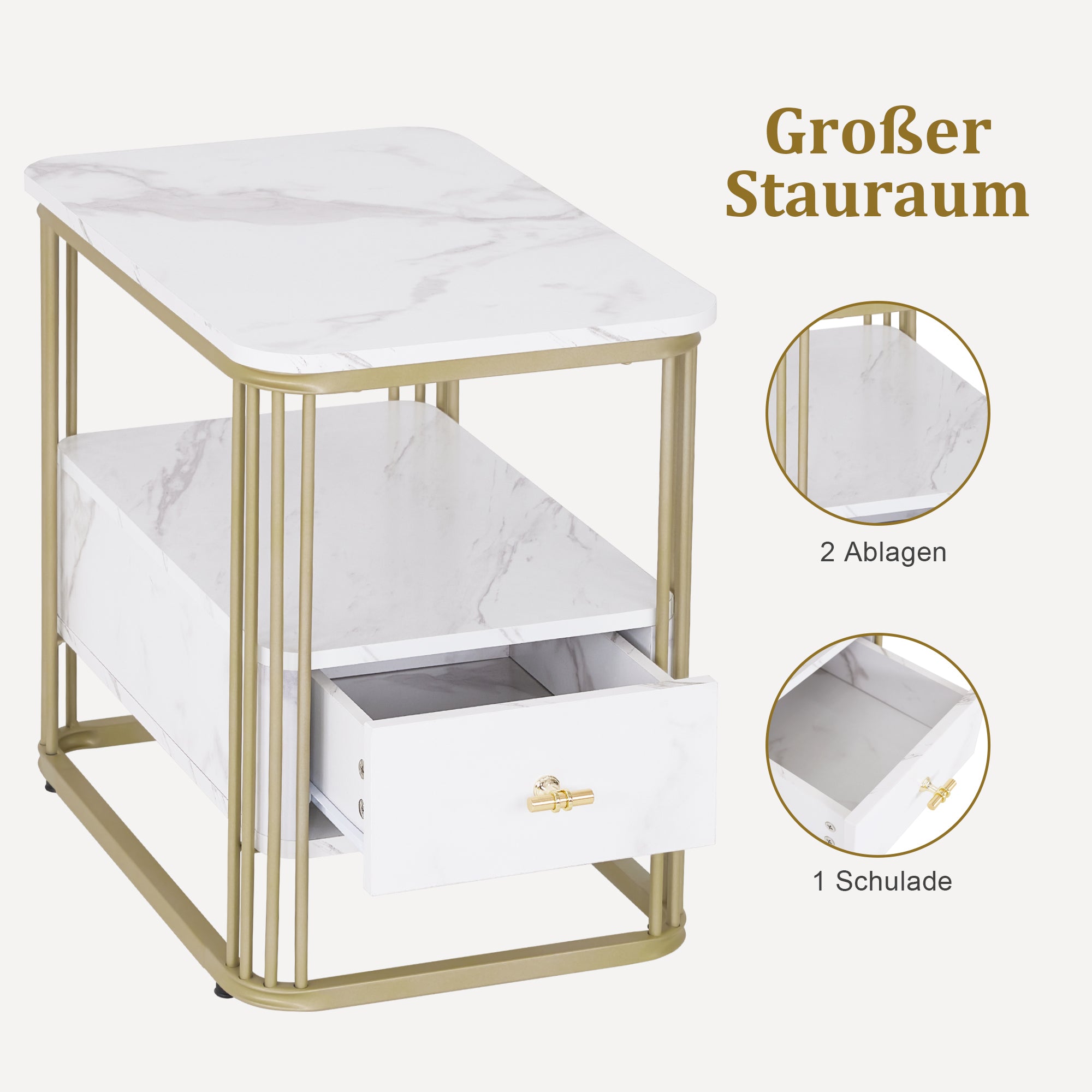 M MCombo Bijzettafel met Lade, Moderne Salontafel Marmer Wit Goud, Kleine Koffietafel Metalen Onderstel, Nachtkastje met 2 Planken, Salontafel voor Woonkamer, 60x40x55, 2138
