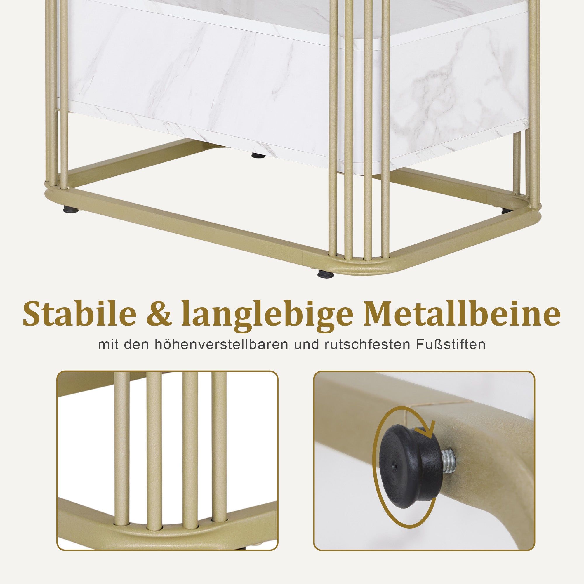 M MCombo Bijzettafel met Lade, Moderne Salontafel Marmer Wit Goud, Kleine Koffietafel Metalen Onderstel, Nachtkastje met 2 Planken, Salontafel voor Woonkamer, 60x40x55, 2138