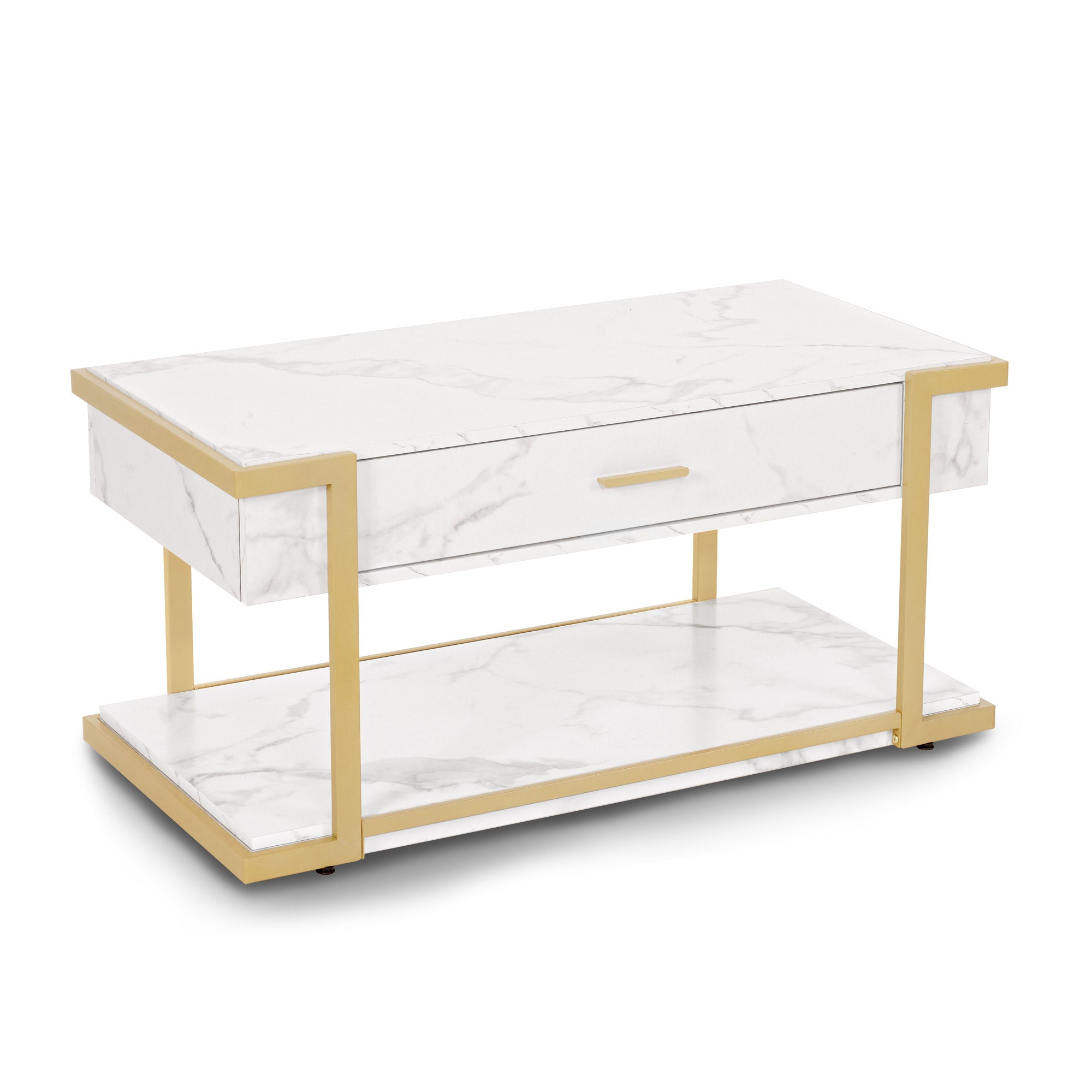 MCombo Tavolino da caffè dorato, tavolino laterale con cassetto, tavolino da divano con 2 ripiani, moderno tavolo in metallo per soggiorno o salone di bellezza, effetto marmo bianco, 50 x 100,5 x 48 cm, 2141