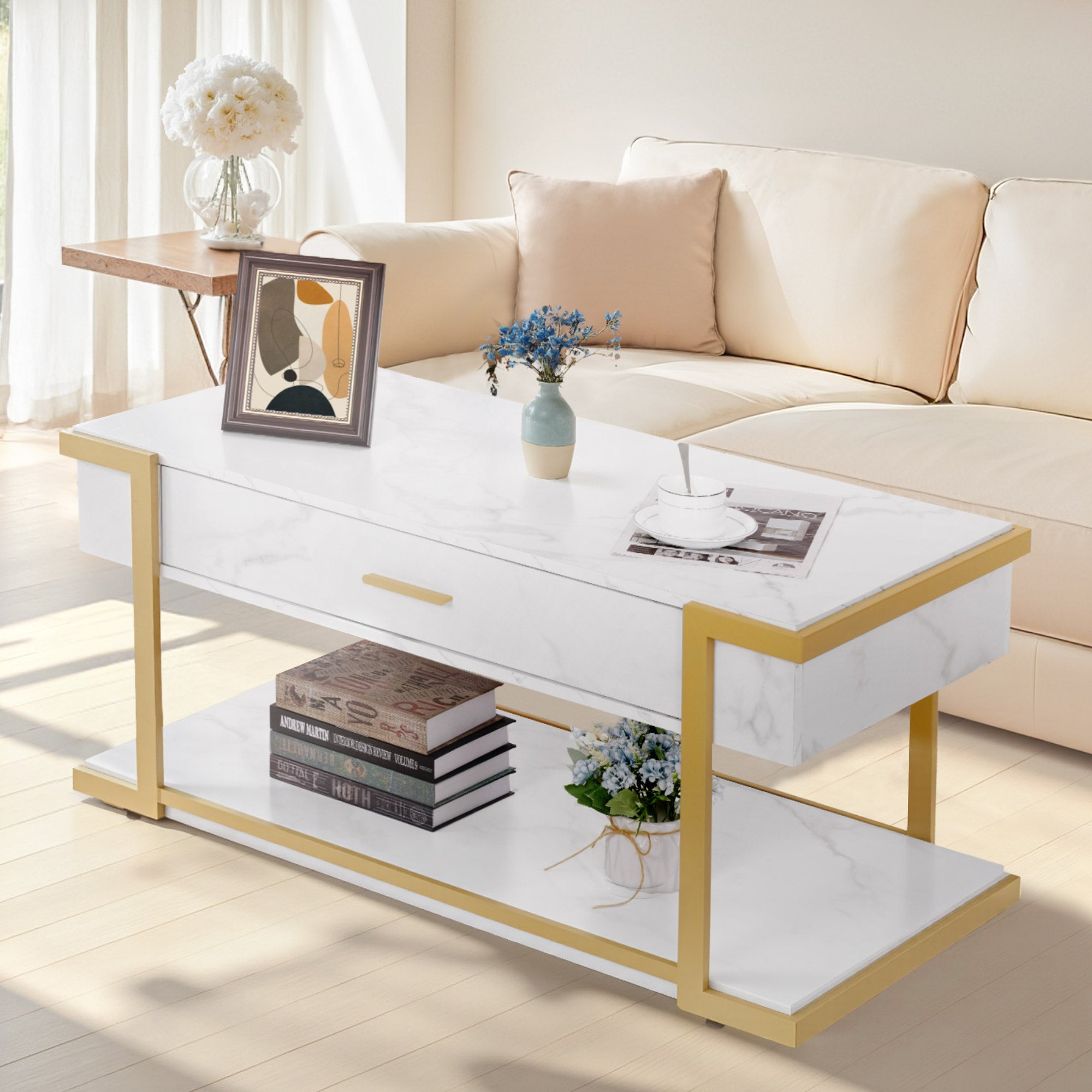 MCombo Tavolino da caffè dorato, tavolino laterale con cassetto, tavolino da divano con 2 ripiani, moderno tavolo in metallo per soggiorno o salone di bellezza, effetto marmo bianco, 50 x 100,5 x 48 cm, 2141