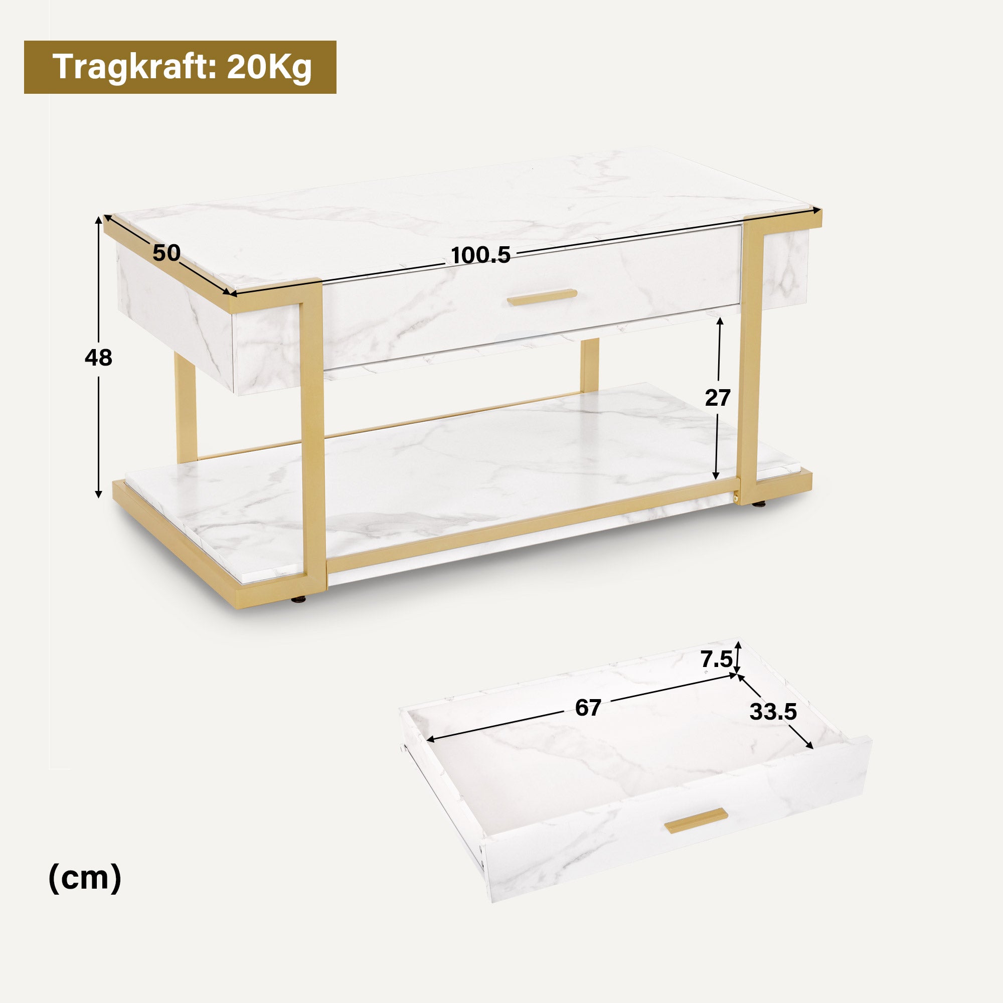 MCombo Tavolino da caffè dorato, tavolino laterale con cassetto, tavolino da divano con 2 ripiani, moderno tavolo in metallo per soggiorno o salone di bellezza, effetto marmo bianco, 50 x 100,5 x 48 cm, 2141
