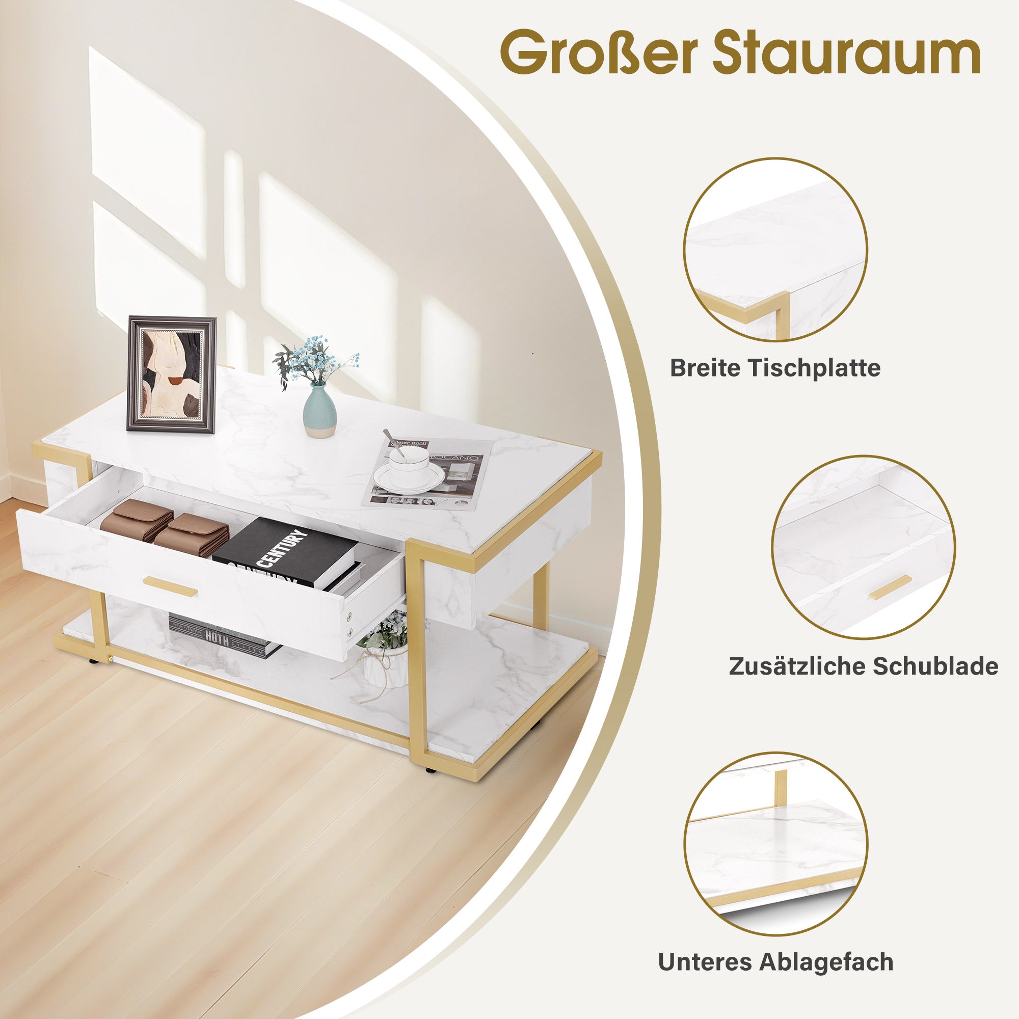 MCombo Tavolino da caffè dorato, tavolino laterale con cassetto, tavolino da divano con 2 ripiani, moderno tavolo in metallo per soggiorno o salone di bellezza, effetto marmo bianco, 50 x 100,5 x 48 cm, 2141