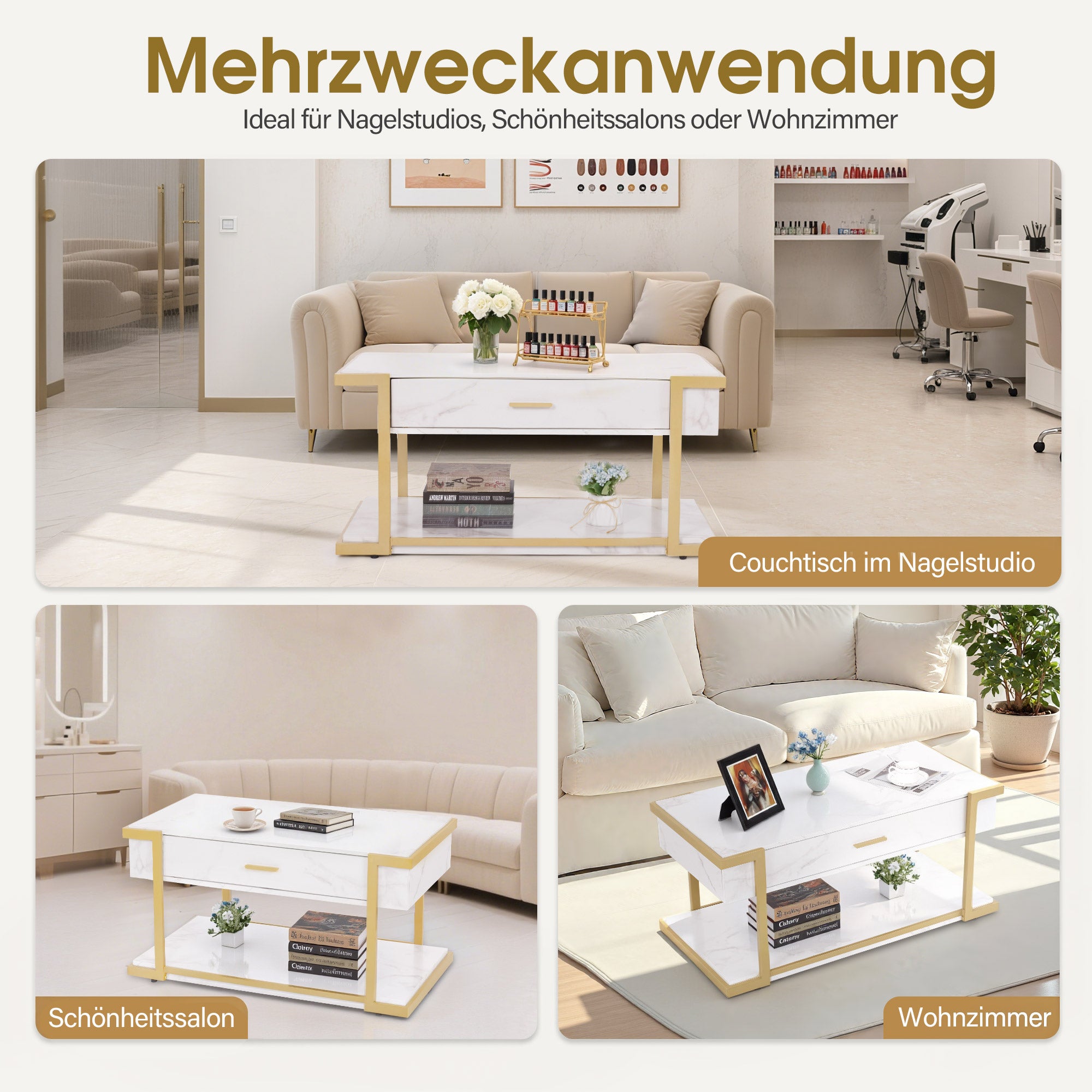 MCombo Tavolino da caffè dorato, tavolino laterale con cassetto, tavolino da divano con 2 ripiani, moderno tavolo in metallo per soggiorno o salone di bellezza, effetto marmo bianco, 50 x 100,5 x 48 cm, 2141