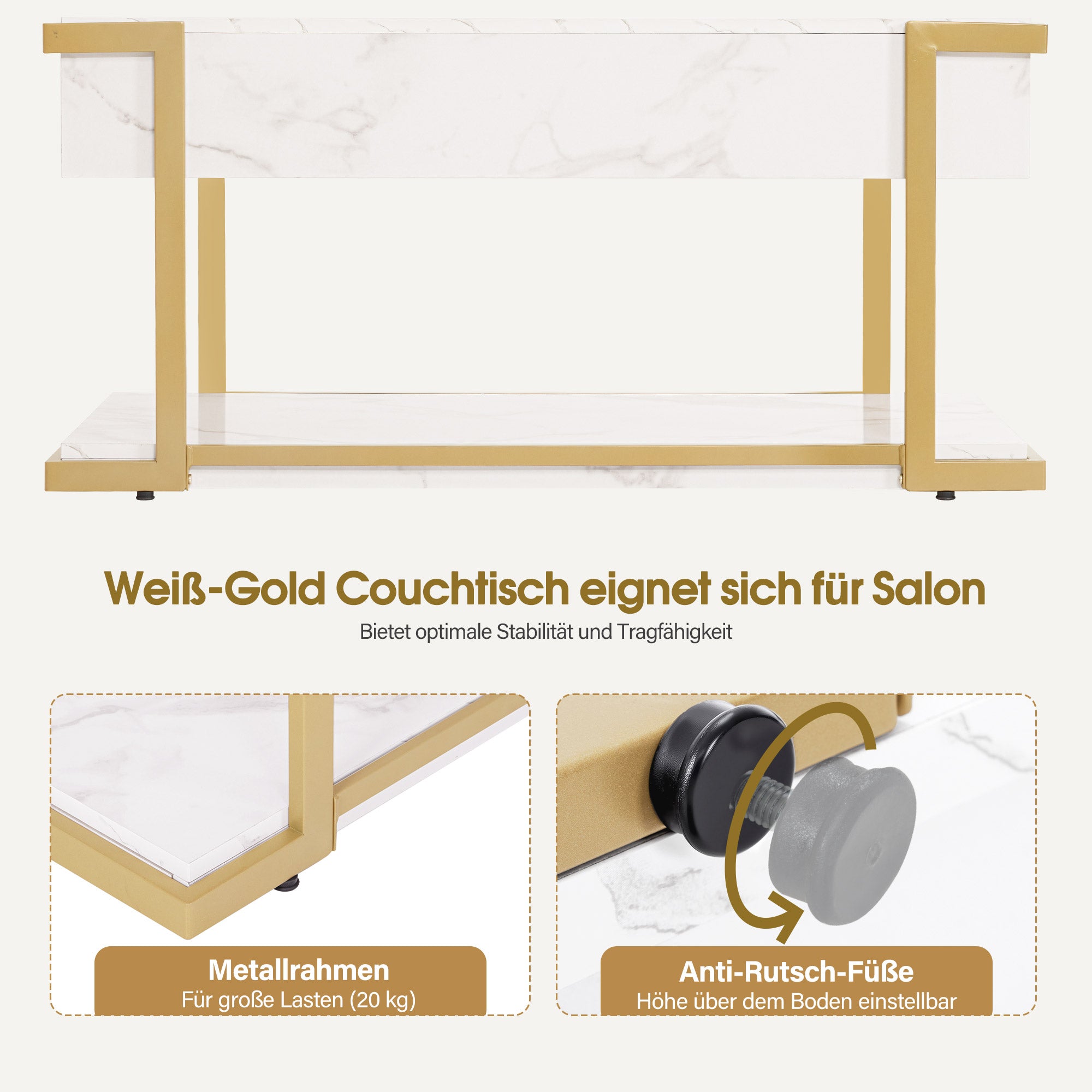 MCombo Tavolino da caffè dorato, tavolino laterale con cassetto, tavolino da divano con 2 ripiani, moderno tavolo in metallo per soggiorno o salone di bellezza, effetto marmo bianco, 50 x 100,5 x 48 cm, 2141