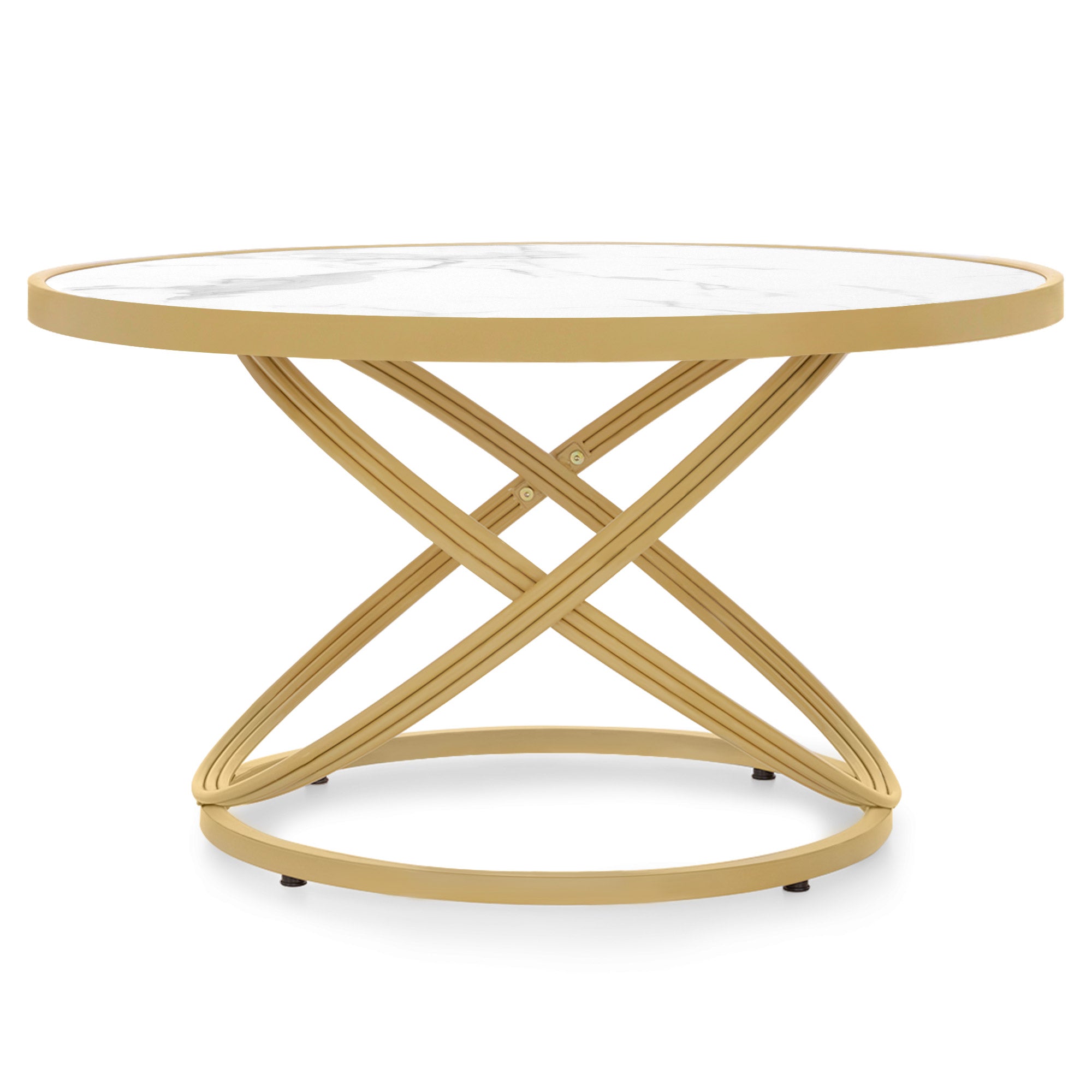 M MCombo Couchtisch Rond Hout, Moderne Salontafel, Kleine Bijzettafel Metaal, Koffietafel voor Woonkamer, Schoonheidssalon, Woonzimmertafel Marmer-Wit Goud, 80x80x45cm, 2175