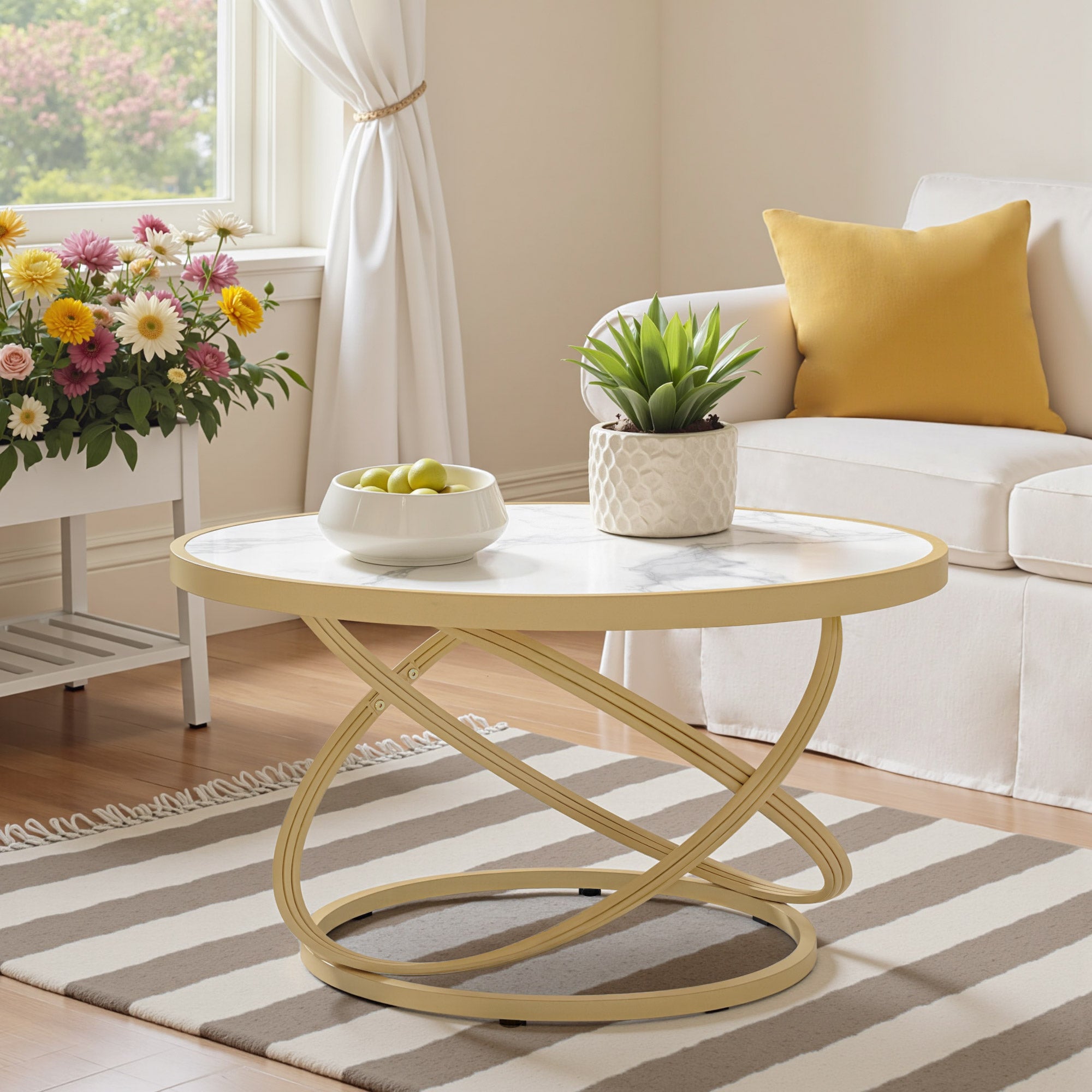 M MCombo Couchtisch Rond Hout, Moderne Salontafel, Kleine Bijzettafel Metaal, Koffietafel voor Woonkamer, Schoonheidssalon, Woonzimmertafel Marmer-Wit Goud, 80x80x45cm, 2175