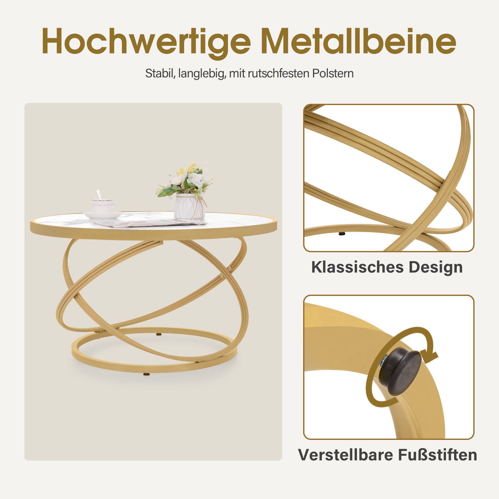 M MCombo Couchtisch Rond Hout, Moderne Salontafel, Kleine Bijzettafel Metaal, Koffietafel voor Woonkamer, Schoonheidssalon, Woonzimmertafel Marmer-Wit Goud, 80x80x45cm, 2175
