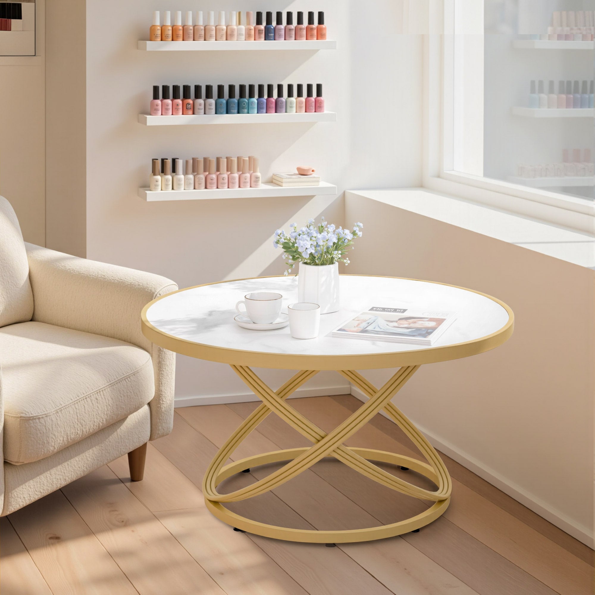M MCombo Couchtisch Rond Hout, Moderne Salontafel, Kleine Bijzettafel Metaal, Koffietafel voor Woonkamer, Schoonheidssalon, Woonzimmertafel Marmer-Wit Goud, 80x80x45cm, 2175