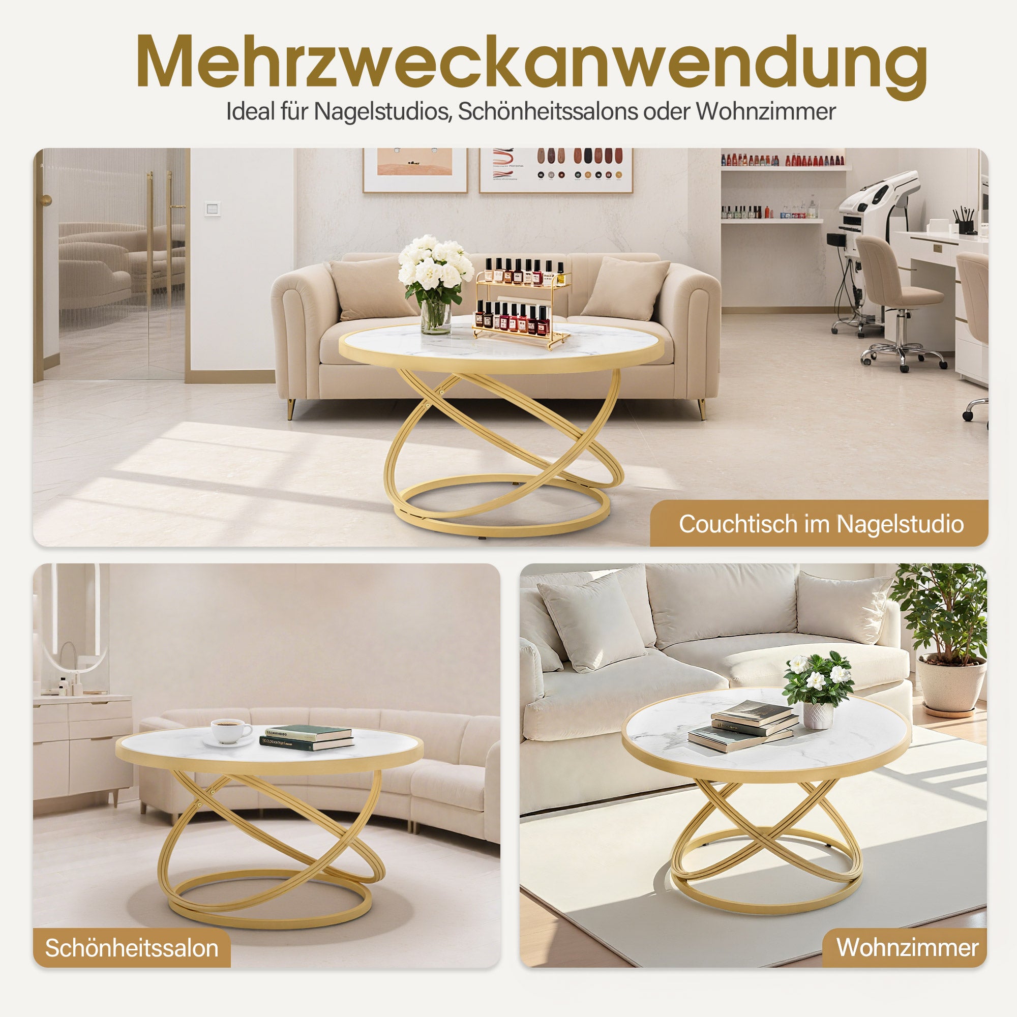 M MCombo Couchtisch Rond Hout, Moderne Salontafel, Kleine Bijzettafel Metaal, Koffietafel voor Woonkamer, Schoonheidssalon, Woonzimmertafel Marmer-Wit Goud, 80x80x45cm, 2175