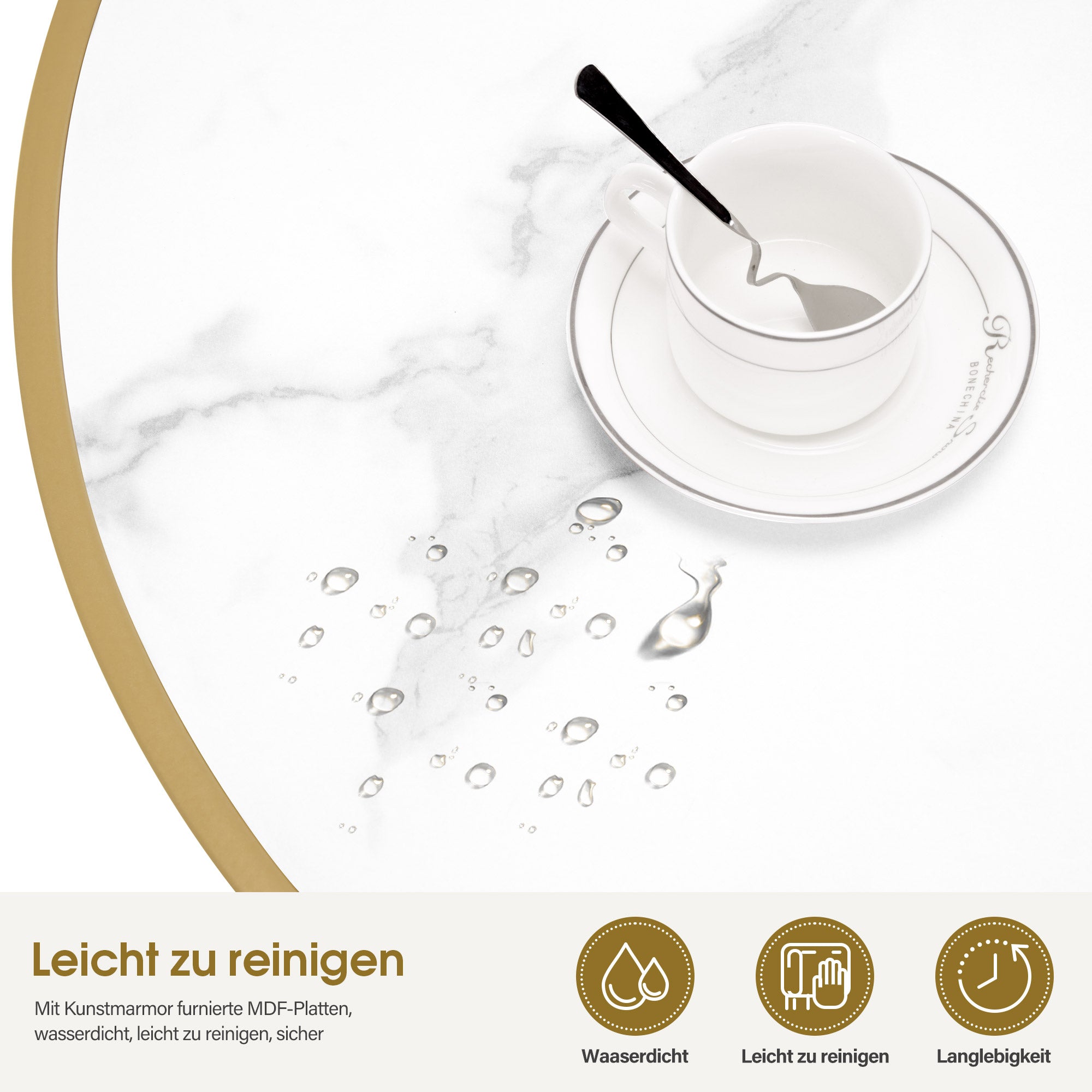 M MCombo Couchtisch Rond Hout, Moderne Salontafel, Kleine Bijzettafel Metaal, Koffietafel voor Woonkamer, Schoonheidssalon, Woonzimmertafel Marmer-Wit Goud, 80x80x45cm, 2175