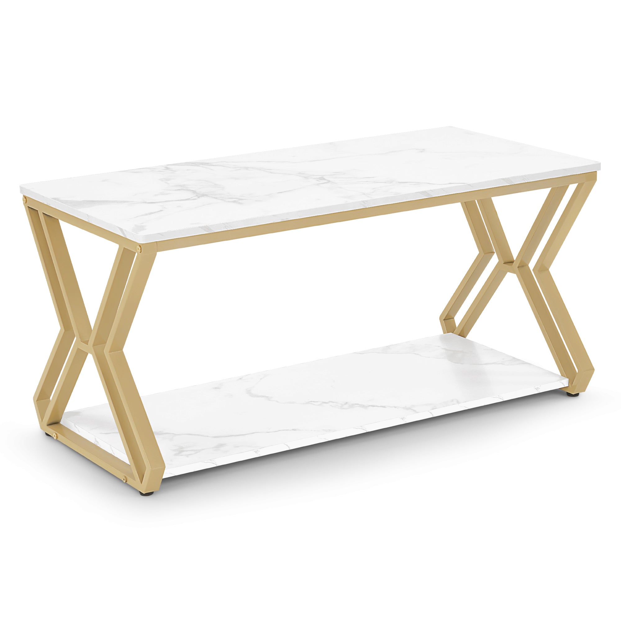 M MCombo Salontafel Goud, Bijzettafel met 2 Planken, Sofatafel van Hout, Moderne Woonkamertafel van Metaal, Koffietafel voor Woonkamer, Schoonheidssalon, Marmer-Wit, 50x100x48cm, 2196