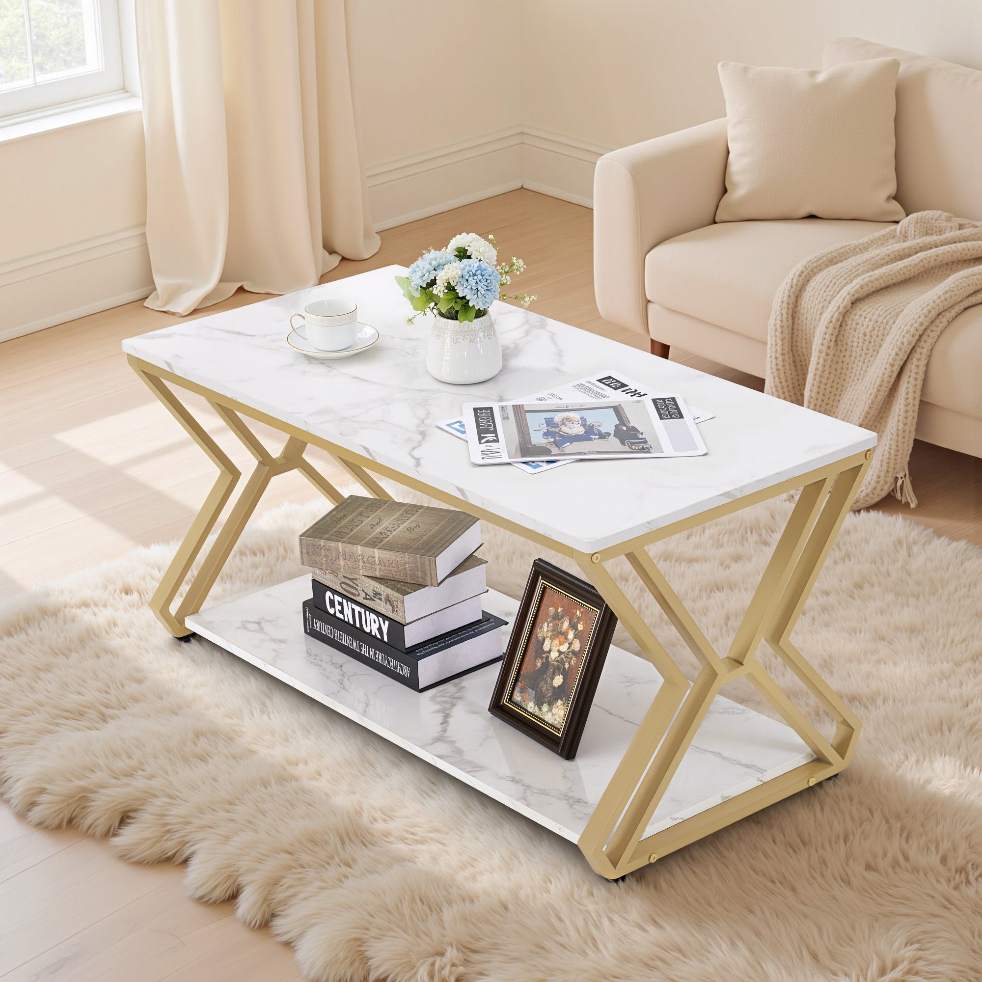 M MCombo Salontafel Goud, Bijzettafel met 2 Planken, Sofatafel van Hout, Moderne Woonkamertafel van Metaal, Koffietafel voor Woonkamer, Schoonheidssalon, Marmer-Wit, 50x100x48cm, 2196