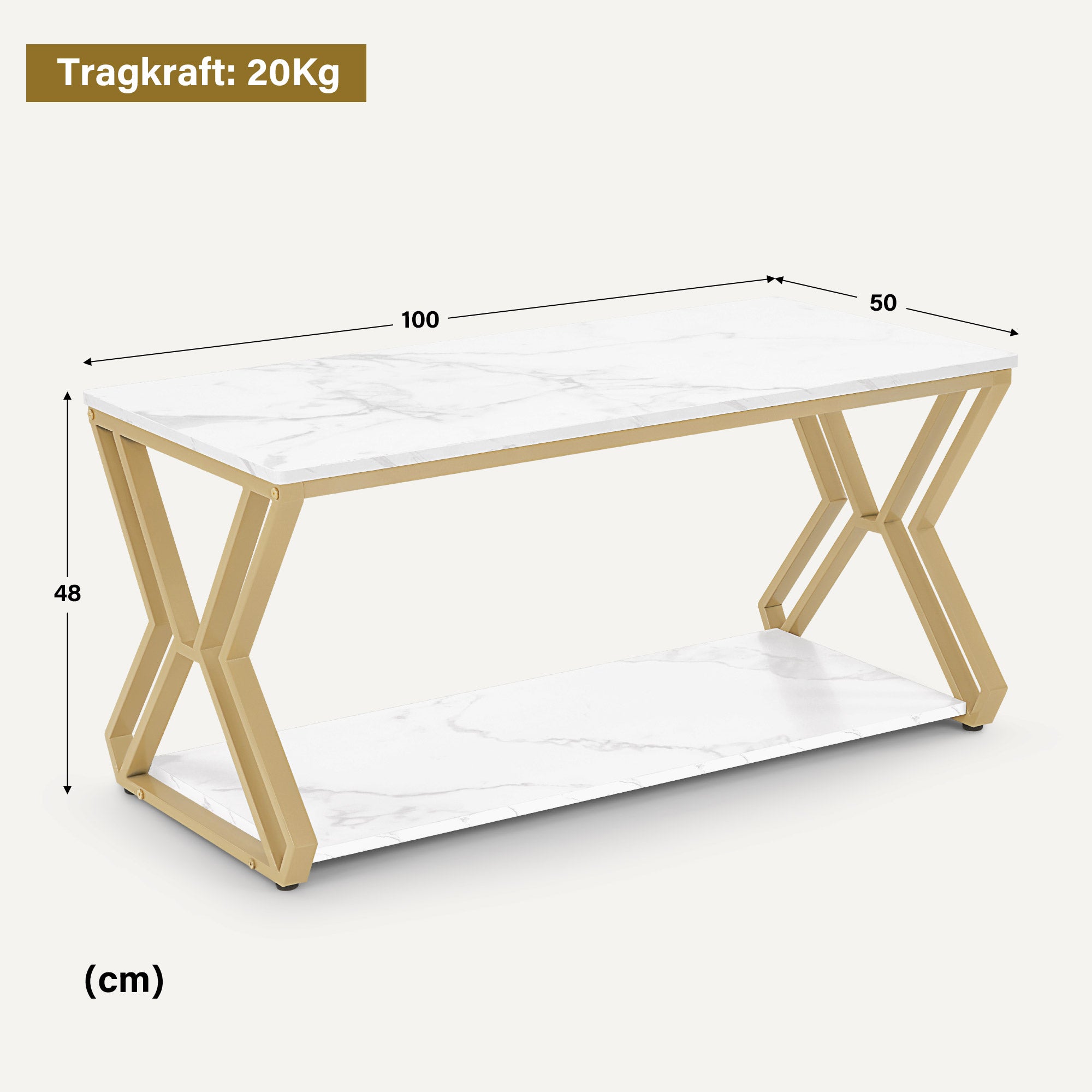 M MCombo Salontafel Goud, Bijzettafel met 2 Planken, Sofatafel van Hout, Moderne Woonkamertafel van Metaal, Koffietafel voor Woonkamer, Schoonheidssalon, Marmer-Wit, 50x100x48cm, 2196