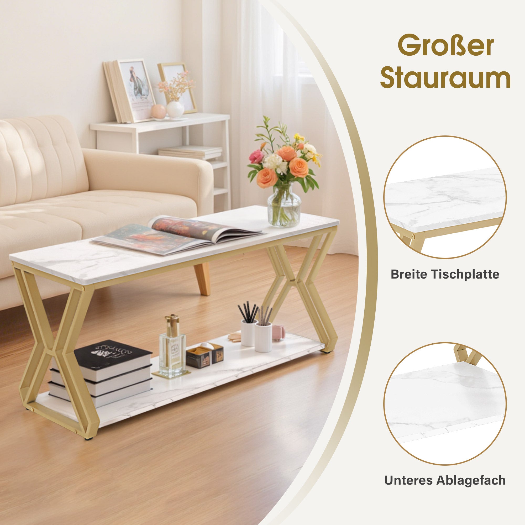 M MCombo Salontafel Goud, Bijzettafel met 2 Planken, Sofatafel van Hout, Moderne Woonkamertafel van Metaal, Koffietafel voor Woonkamer, Schoonheidssalon, Marmer-Wit, 50x100x48cm, 2196