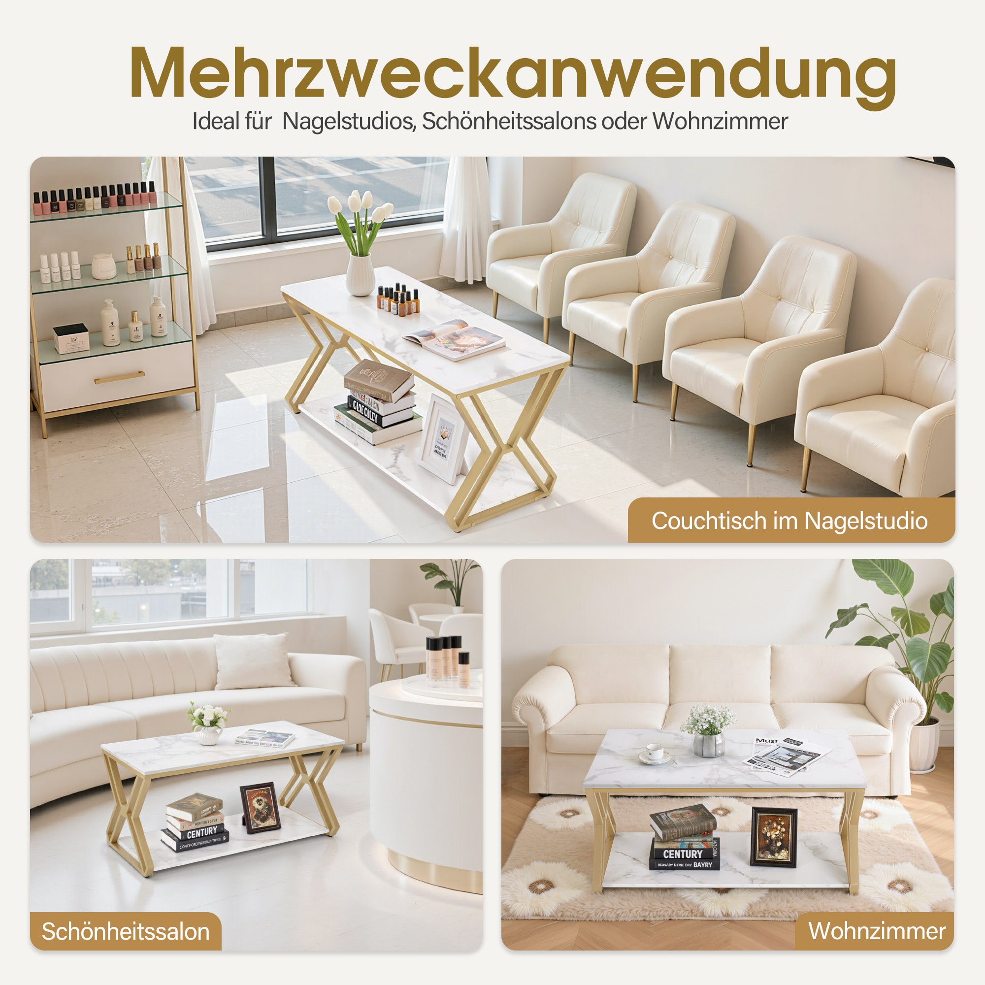 M MCombo Salontafel Goud, Bijzettafel met 2 Planken, Sofatafel van Hout, Moderne Woonkamertafel van Metaal, Koffietafel voor Woonkamer, Schoonheidssalon, Marmer-Wit, 50x100x48cm, 2196