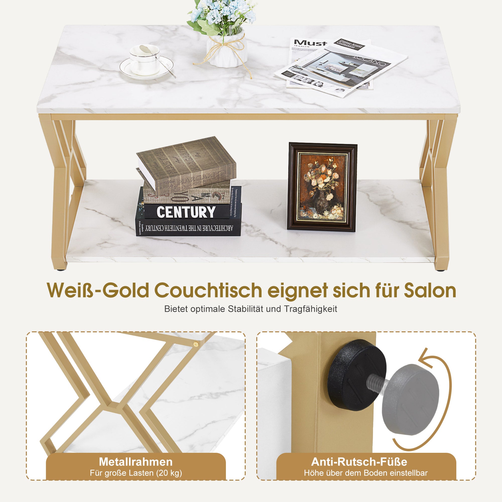 M MCombo Salontafel Goud, Bijzettafel met 2 Planken, Sofatafel van Hout, Moderne Woonkamertafel van Metaal, Koffietafel voor Woonkamer, Schoonheidssalon, Marmer-Wit, 50x100x48cm, 2196