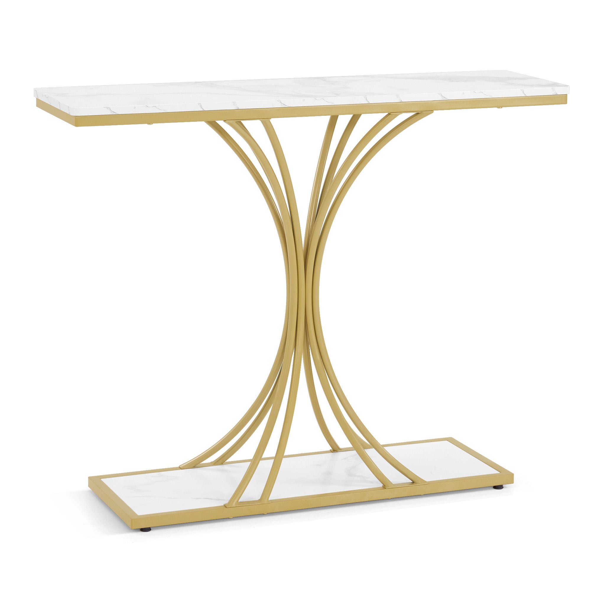MCombo Consolle stretta, tavolino da ingresso con struttura in legno e metallo, tavolino da corridoio con 2 ripiani, tavolino moderno per corridoio, soggiorno, vestibolo, ingresso, foyer, marmo-bianco-oro, 30x100x80,5 cm, 2226
