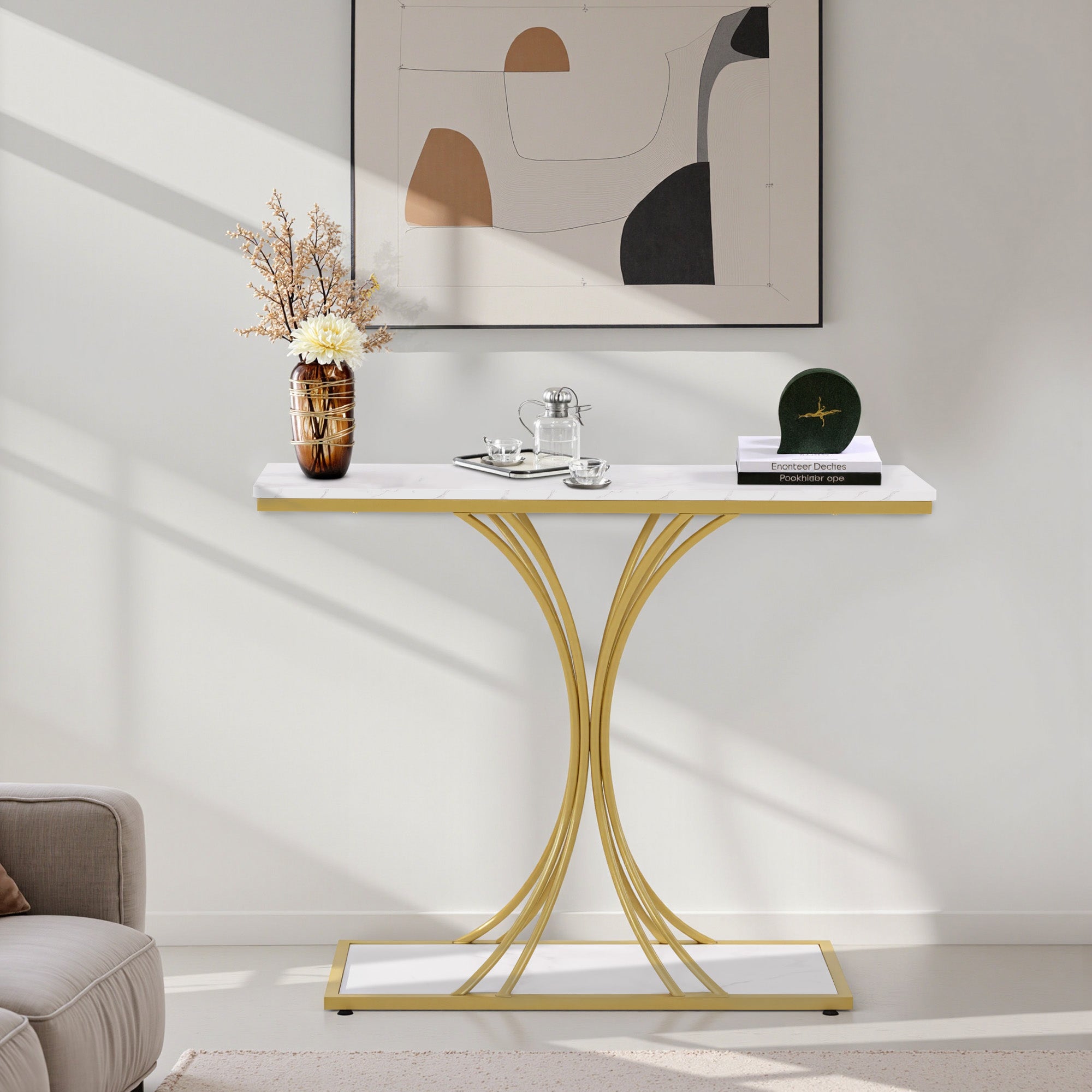 MCombo Consolle stretta, tavolino da ingresso con struttura in legno e metallo, tavolino da corridoio con 2 ripiani, tavolino moderno per corridoio, soggiorno, vestibolo, ingresso, foyer, marmo-bianco-oro, 30x100x80,5 cm, 2226