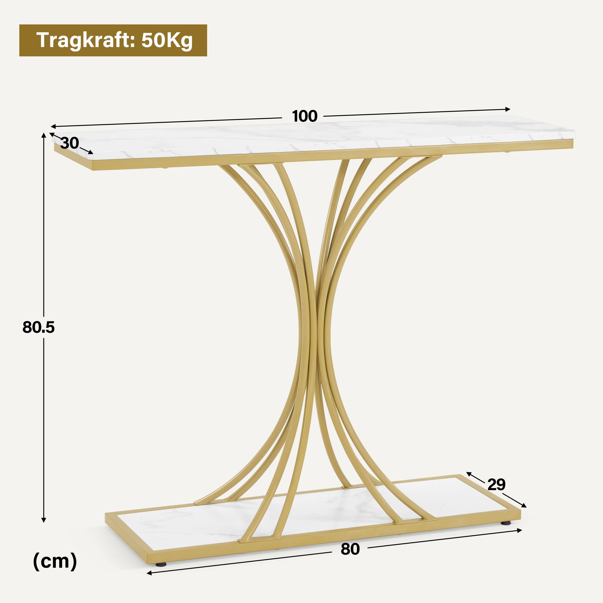 MCombo Consolle stretta, tavolino da ingresso con struttura in legno e metallo, tavolino da corridoio con 2 ripiani, tavolino moderno per corridoio, soggiorno, vestibolo, ingresso, foyer, marmo-bianco-oro, 30x100x80,5 cm, 2226