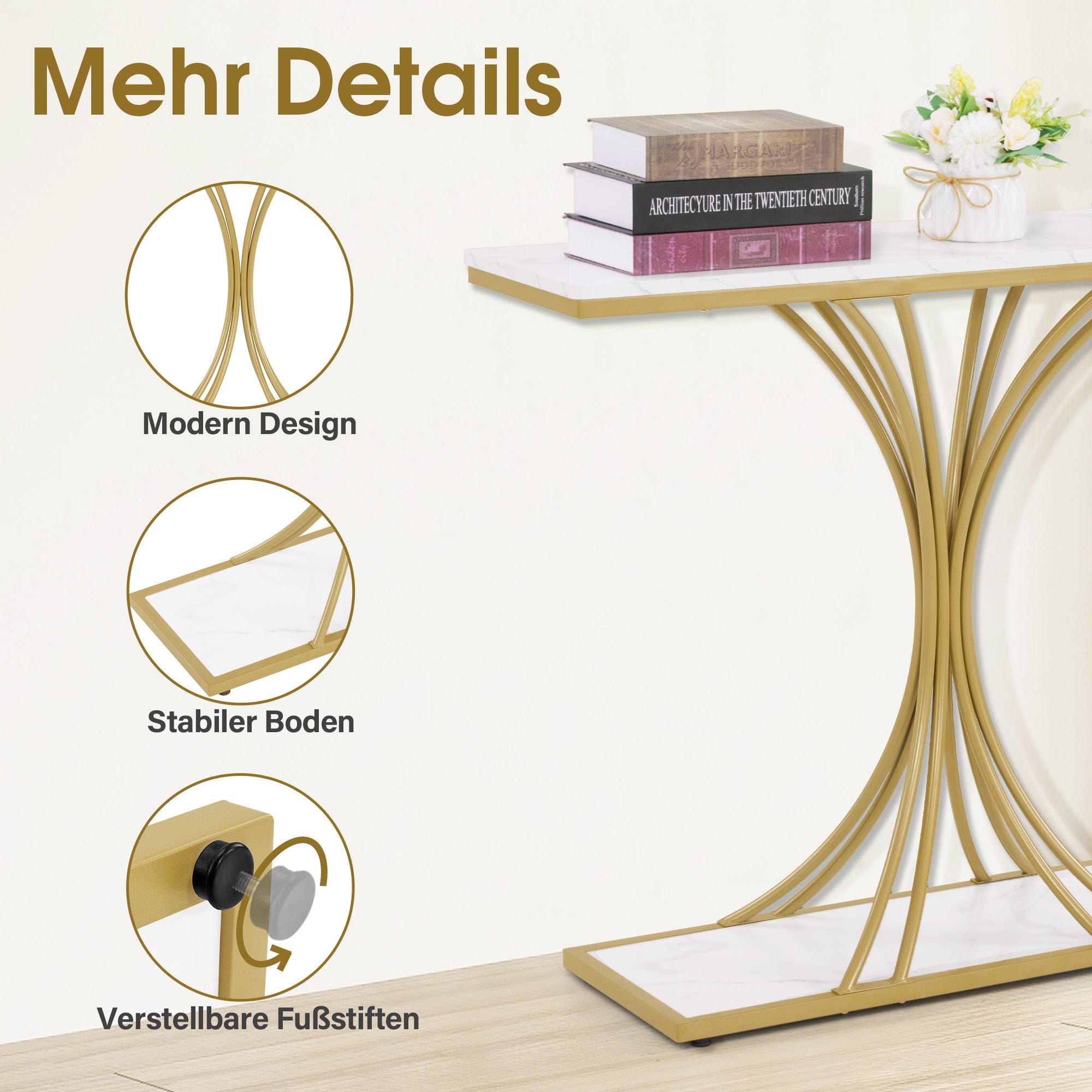 MCombo Consolle stretta, tavolino da ingresso con struttura in legno e metallo, tavolino da corridoio con 2 ripiani, tavolino moderno per corridoio, soggiorno, vestibolo, ingresso, foyer, marmo-bianco-oro, 30x100x80,5 cm, 2226