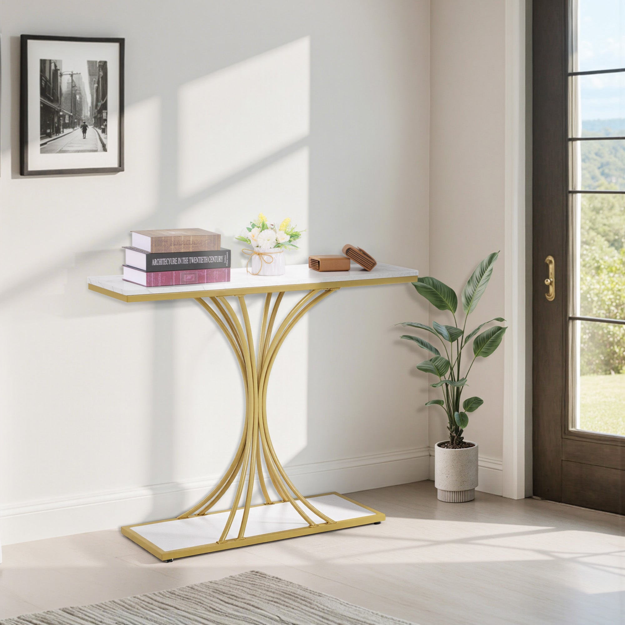 MCombo Consolle stretta, tavolino da ingresso con struttura in legno e metallo, tavolino da corridoio con 2 ripiani, tavolino moderno per corridoio, soggiorno, vestibolo, ingresso, foyer, marmo-bianco-oro, 30x100x80,5 cm, 2226