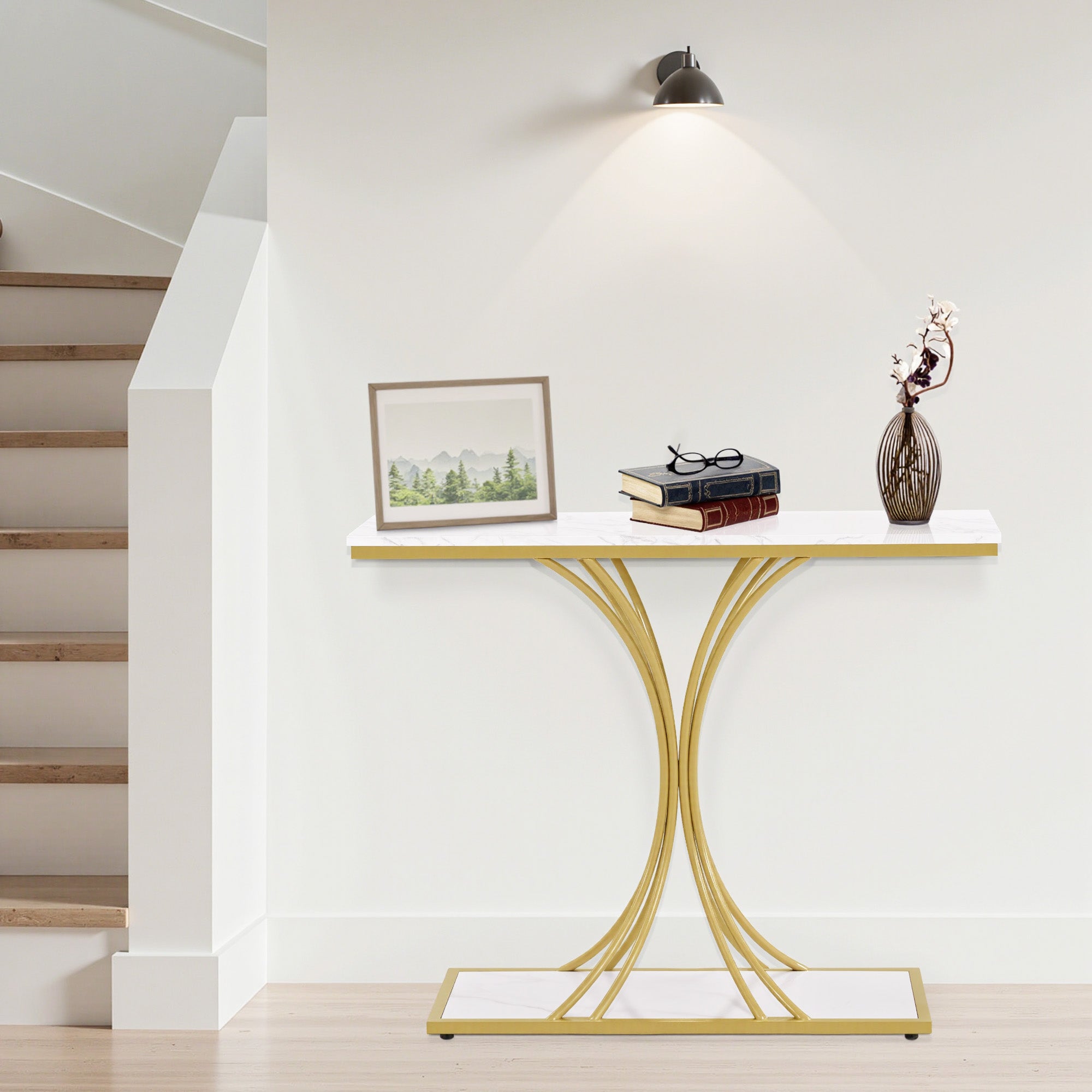 MCombo Consolle stretta, tavolino da ingresso con struttura in legno e metallo, tavolino da corridoio con 2 ripiani, tavolino moderno per corridoio, soggiorno, vestibolo, ingresso, foyer, marmo-bianco-oro, 30x100x80,5 cm, 2226
