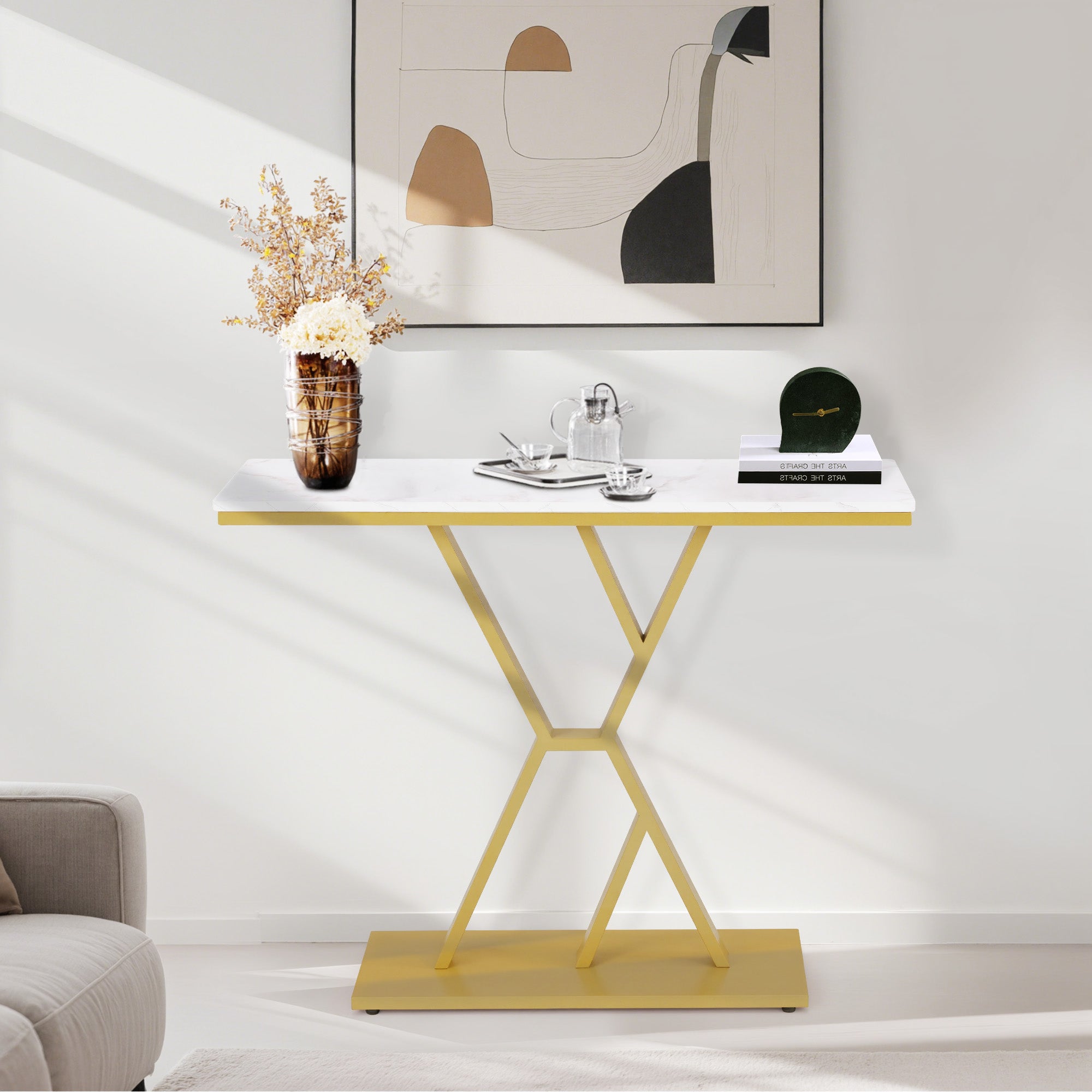M MCombo Konsolentafel Smal, Ingangstafel Hout Metaalframe, Haltafel met 2 Niveaus, Moderne Bijzettafel voor Hal, Woonkamer, Voorportaal, Ingang, Foyer, Marmer-Wit Goud, 30x100x80cm, 2237
