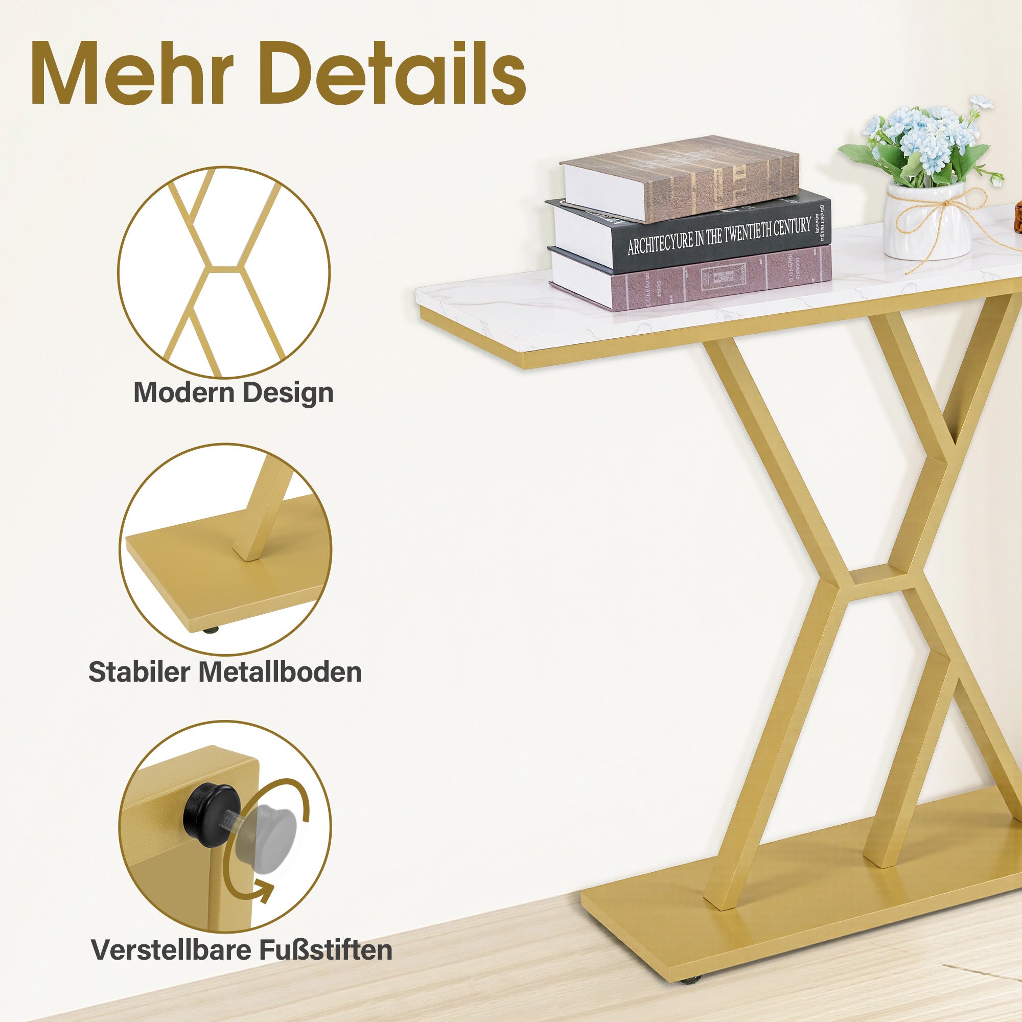 M MCombo Konsolentafel Smal, Ingangstafel Hout Metaalframe, Haltafel met 2 Niveaus, Moderne Bijzettafel voor Hal, Woonkamer, Voorportaal, Ingang, Foyer, Marmer-Wit Goud, 30x100x80cm, 2237