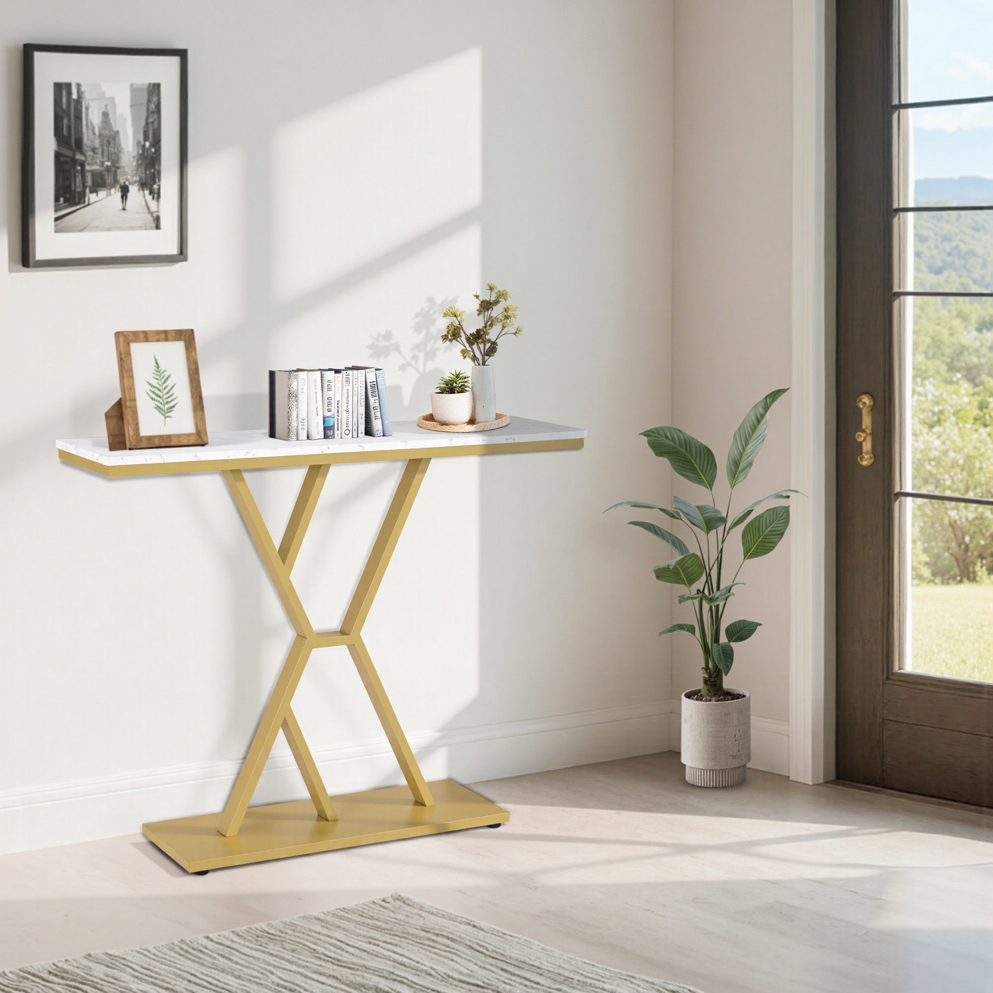M MCombo Konsolentafel Smal, Ingangstafel Hout Metaalframe, Haltafel met 2 Niveaus, Moderne Bijzettafel voor Hal, Woonkamer, Voorportaal, Ingang, Foyer, Marmer-Wit Goud, 30x100x80cm, 2237