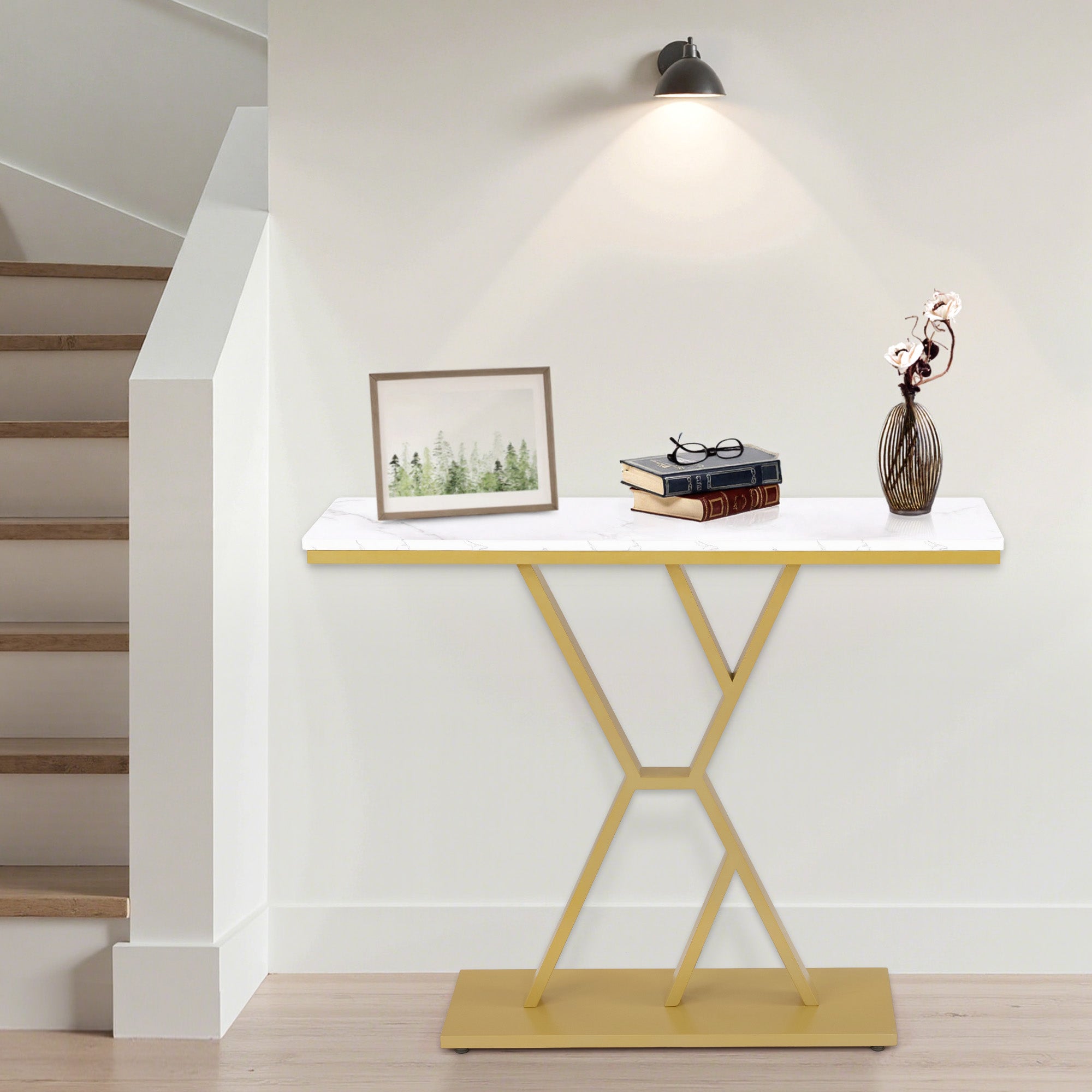 M MCombo Konsolentafel Smal, Ingangstafel Hout Metaalframe, Haltafel met 2 Niveaus, Moderne Bijzettafel voor Hal, Woonkamer, Voorportaal, Ingang, Foyer, Marmer-Wit Goud, 30x100x80cm, 2237