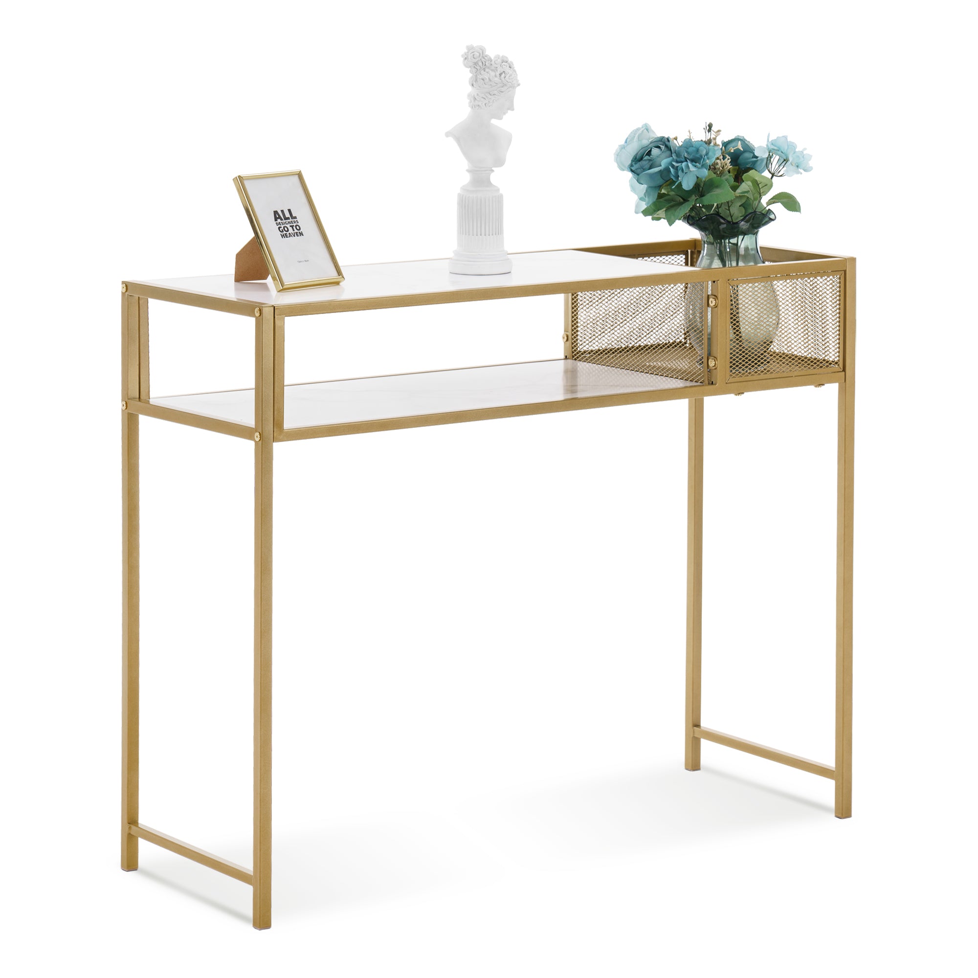 MCombo Consolle stretta, in marmo, color oro, tavolino moderno con 2 ripiani e struttura in metallo, ideale per l'ingresso, il soggiorno, la camera da letto, 110×40×90 cm, 2276